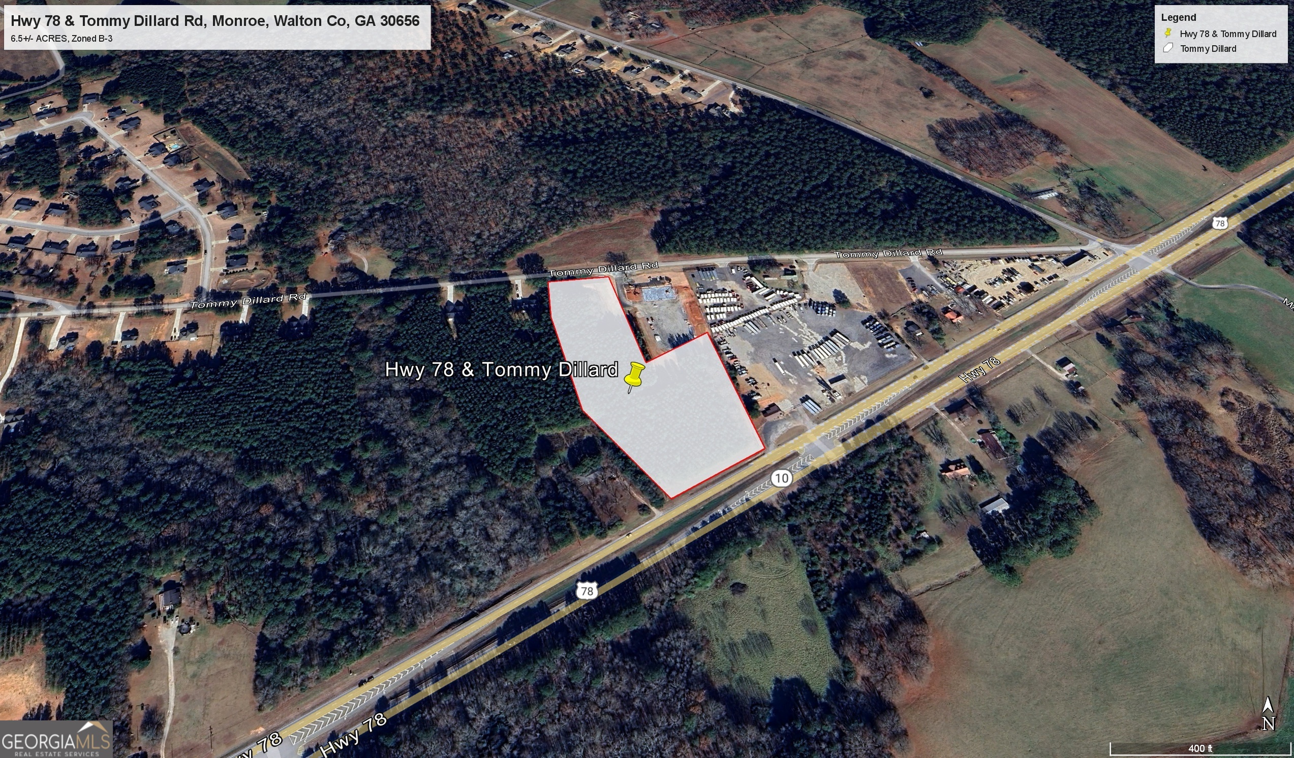Approx 6.3-6.5 total acres for sale. Prefer to sell all but will consider subdividing or doing build to suit for someone. Conceptual Plan and soils have been done for a small light ind park with 6-7 lots. Seller has cut in entrance road off Tommy Dillard but would allow access if someone wanted to develop lots. Double rd frontage on Tommy Dillard Rd and on Hwy 78. Could subdivide off lot on Hwy 78 and/or sell off lot fronting Tommy Dillard. B-3 zoning allows for various uses including outside storage, self storage, truck parking, many light ind type uses. Well located for contractors working/living in Oconee and Good Hope/Gratis/Monroe area. Lots of potential.