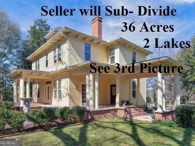 House sits on 36 acres with 2 lakes. Magnificent and immaculate Colonial Renaissance Revival home for sale in Spalding County, Georgia, 40 minutes south of Atlanta. Built in 1918 with ornate fireplaces in each and every room. Pristine and clean pine floors on the 2nd floor and impeccable oak floors on main floor. Stated and approximate 3,066 square foot home has 5 BR 2BTH w/piano room, formal DR, full size, all view windows and hand tiled incredible fireplaces in every room. Two-story plantation style front porch emphasizes this professionally maintained southern estate. Historic details have been fully preserved in this magnificent, must see home. The 36 acres have 2 spring-fed ponds, fully stocked and maintained regularly to ensure full access and enjoyment. Enjoy this incredibly beautiful Southern Charm estate with all the Victorian details, as you so deserve! Showings by appointment only.