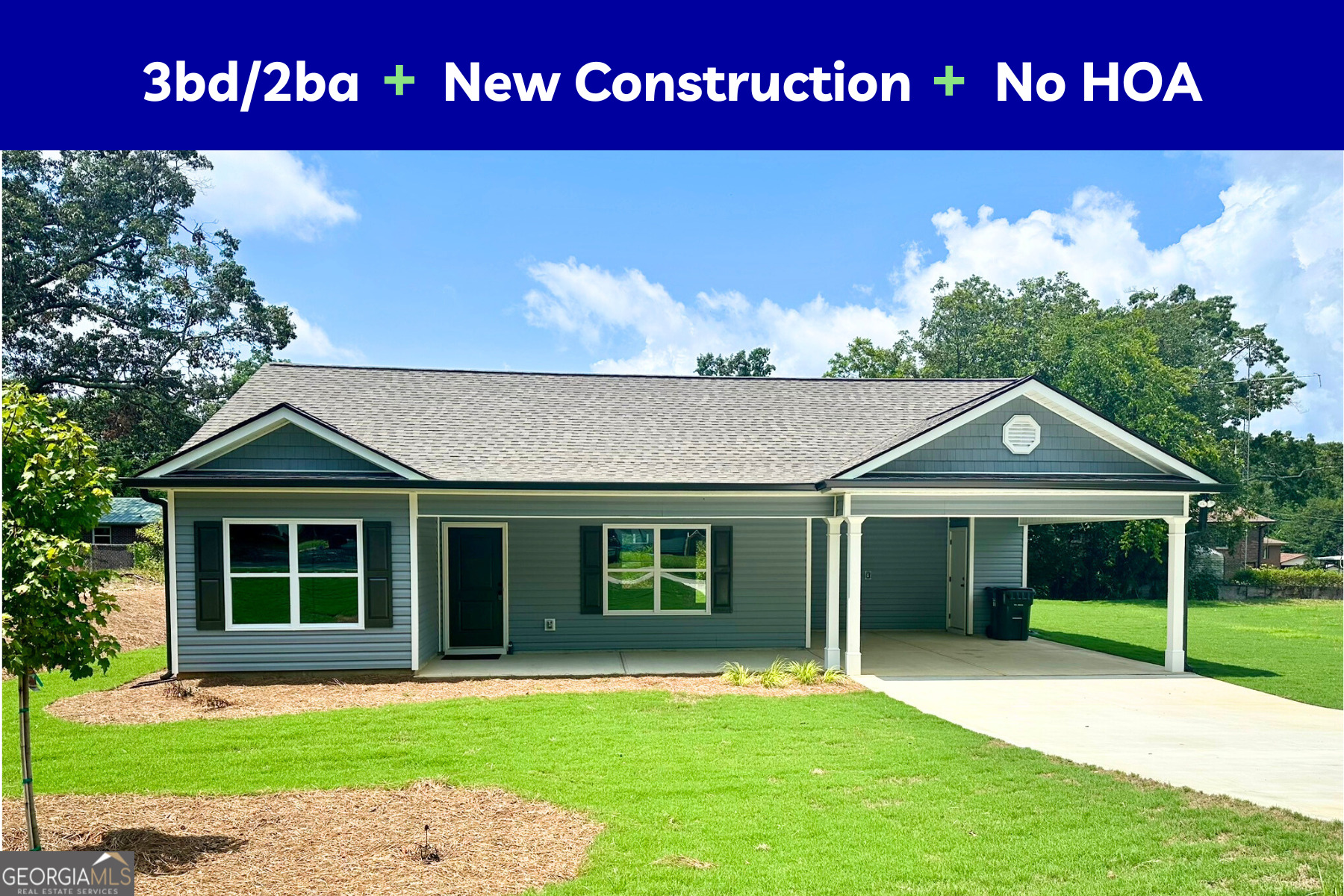 Check out this new construction home by SGW Homes in Toccoa, GA. 3 bedrooms, 2 bathrooms, on a flat lot, free from HOA restrictions and walkable to shopping. In the south, a covered front porch gives a welcoming feel. Step inside to a well planned, split bedroom design with vinyl flooring throughout. Enter into the family room which is open to the eat-in area and the kitchen. This kitchen steals the show with its white cabinets, granite countertops, island with breakfast bar, pantry and a window overlooking the backyard. Stainless steel appliances, including a range, dishwasher, & microwave are included as well as a disposal. The owner's suite features a walk-in closet and private bath with double vanity and spacious 5' shower. The secondary bedrooms have good closets. Extend your living space to the back patio, perfect for entertaining or enjoying your morning coffee. Low-Maintenance vinyl siding and architectural shingled roof will make it easy to keep your home looking brand new for many years. Park your car out of the elements under the covered carport. The flat lot finished with Bermuda sod offers plenty of open yard area. Home is complete and ready for move-in!