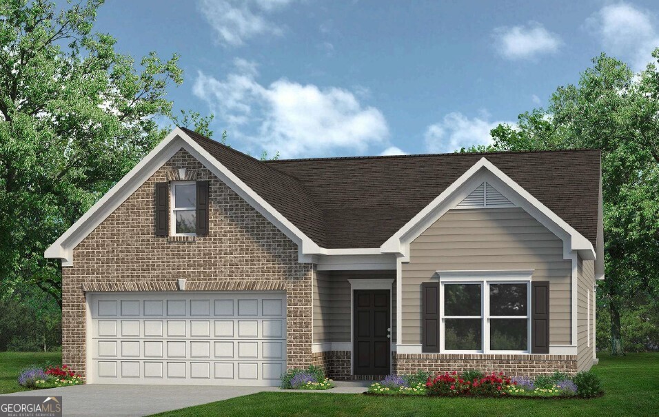 Move in ready November 2025! The Langford plan by Smith Douglas Homes in Allen Manor. This sought-after plan offers the ease of single level living paired with stylish upgrades throughout. Step through a wide, welcoming foyer into the open-concept heart of the home. The kitchen boasts a large island with a breakfast bar, upgraded 42" upper cabinets and stunning Quartz countertops- all overlooking the spacious family room anchored by a sleek linear fireplace for year-round comfort. Enjoy your morning ooffee indoors or beneath the covered patio. Two secondary bedrooms are thoughtfully positioned near the front of the home, offering privacy from the luxurious tiled shower for a spa-like retreat. Photos are representative of plan not of actual home. Incentives with use of seller's preferred lender.