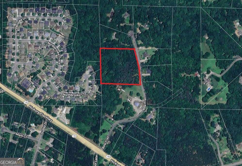 NEW PRICE. APPROXIMATELY 5.6 ACRES OF BEAUTIFUL AND PEACEFUL RESIDENTIAL LAND IN THE MOUNTAIN ROAD / SUGAR PIKE CORRIDOR OF CHEROKEE COUNTY JUST MINUTES FROM HICKORY FLAT. THIS SLIGHTLY ROLLING PRIVATE TRACT IS LOCATED ON A QUIET CUL-DE-SAC STREET WITH APPROXIMATELY 490 FEET OF FRONTAGE ON BOW TRAIL. THE LAND IS ZONED R-80 AND COULD POTENTIALLY BE SUBDIVDED INTO TWO LOTS WITHOUT RE-ZONING. BUILD THAT DREAM ESTATE HOME OR TWO NEW HOUSES. AERIAL MAP, TOPO MAP & TAX PLAT AVAILABLE.