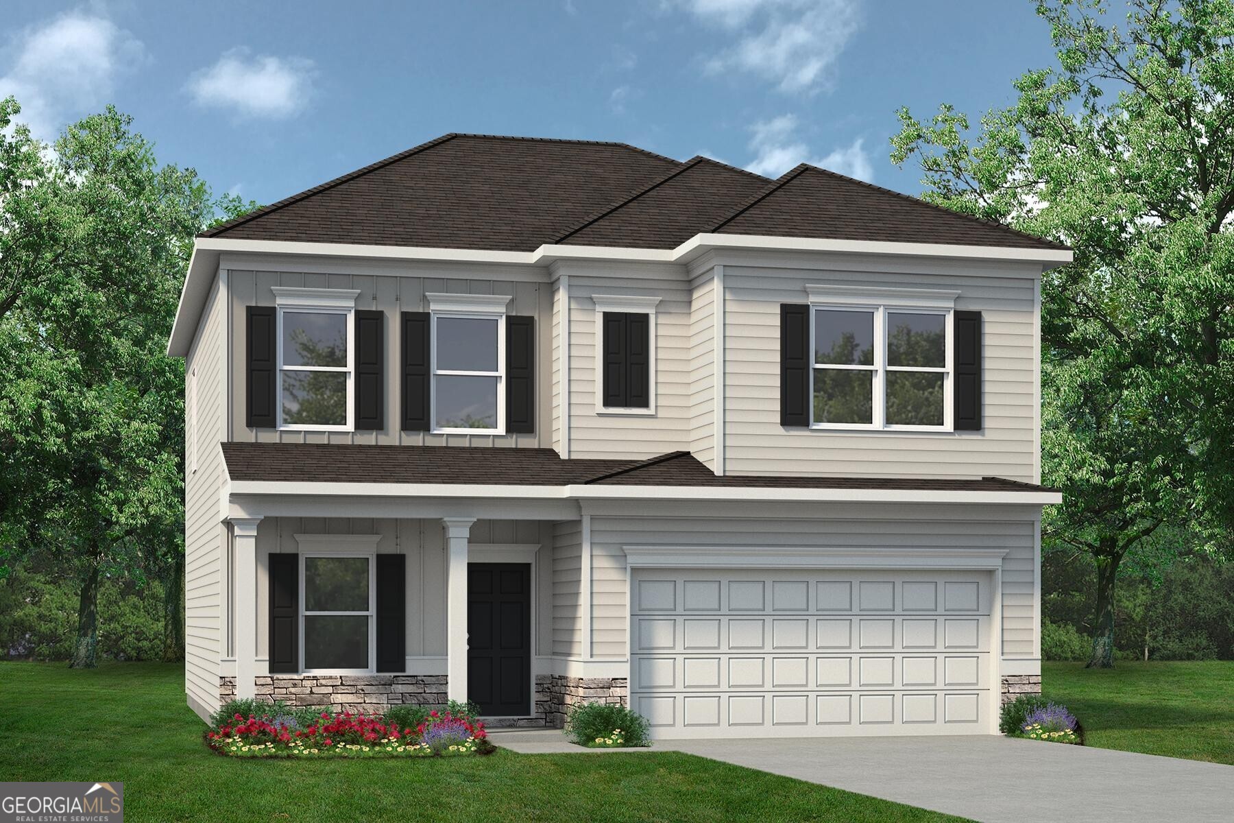 Move in October 2025! The Coleman plan by Smith Douglas Homes in Roxeywood Park. The Coleman greets you with a covered front porch entry that opens to a lovely foyer with a spacious dining room. Expansive sight lines across the back of the home connect the family room with a linear fireplace, breakfast nook, and kitchen with a center island, Quartz counters, tile backsplash and upgraded cabinetry. Vinyl plank flooring throughout the main living area on the first floor add to the spacious feel of the home. Tons of natural light via the additional windows in the family room and upstairs hallway. The staircase feature open rails on the floor. Upstairs you will find four bedrooms including an owner's suite with a large walk-in closet, cultured marble counters in the bath along with a tiled shower. A secondary hall bathroom with compartmentalized space that allows for multiple people to use it at the same time, and a convenient laundry room complete the second story. Seller incentives with use of preferred lender. Photos represent plan.