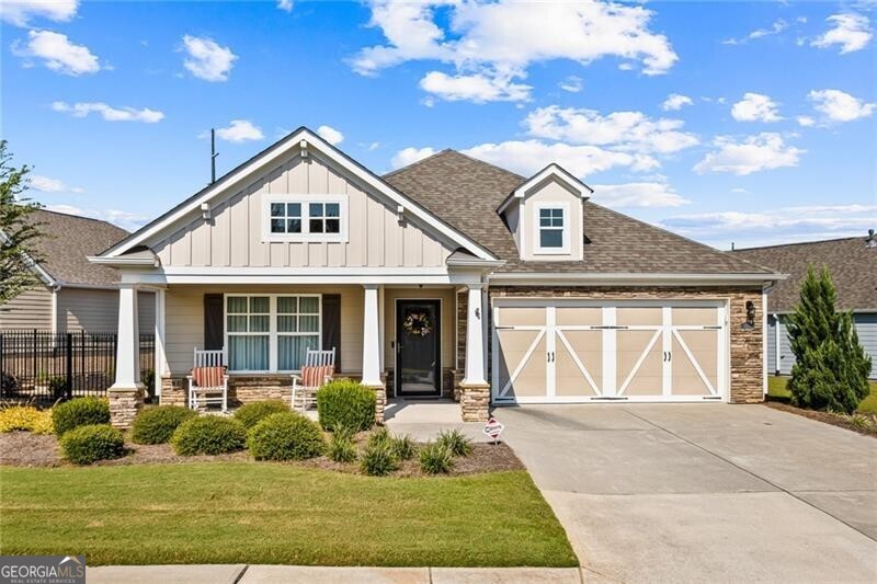 Stunning 2 Bedroom, 2 Bath Home in Premier Powder Springs 55+ Community! Welcome to easy, elegant living in this beautifully maintained home located in a sought-after senior adult community in Powder Springs. Situated on an oversized lot, this property offers exceptional privacy with ample space between neighbors - a rare find! This thoughtfully designed residence features 2 spacious bedrooms, 2 full bathrooms, and a dedicated office perfect for working from home or enjoying your hobbies. The oversized master suite is a true retreat, featuring a large custom walk-in closet and a luxurious en-suite bath with safety bars for added comfort and peace of mind. The home has no steps throughout, ensuring easy accessibility. Enjoy year-round relaxation in the enclosed sunroom, complete with automatic shades-ideal for morning coffee, reading, or entertaining guests. The home also boasts a formal dining room, large laundry room, and a spacious 2-car garage with an upstairs storage area. Step outside and unwind in your private, fenced garden area, beautifully landscaped and complete with a fire pit-perfect for cozy evenings or gathering with friends and family. Designed for comfort and convenience, this home combines modern luxury finishes with functional living, including an open floor plan and plenty of natural light. Community amenities include a clubhouse with fitness room, neighborhood garden, and dog park, making it easy to stay active and social. The location is unbeatable-just minutes from shopping, The Avenue of West Cobb, and the Cobb Senior Services facility. Don't miss this exceptional opportunity to enjoy peaceful, low-maintenance living in a vibrant 55+ community!