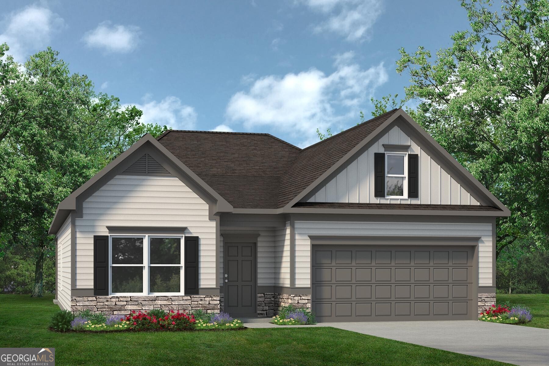 Move in Ready October! The Langford plan in Laurel Ridge by Smith Douglas Homes. This flexible single-level living floorplan offers a light-filled dining area with views of the backyard and access to a covered patio from the main living area. An adjacent open island kitchen which features upgraded cabinetry, a tile backsplash and granite counters overlooks the spacious family room with a modern linear fireplace. The primary suite, at the back of the home, feels private with its spa like bath with a garden tub, separate shower and walk-in closet. A covered back patio can be accessed through the family room. The two secondary bedrooms and shared full bath are off the main foyer at the front of the home. A conveniently located laundry room enhances everyday living. The nine ft ceiling height enhances the space as does the Vinyl plank flooring throughout the main living areas. Photos are representative of plan not of actual home being built. Seller incentives with the use of preferred lender.