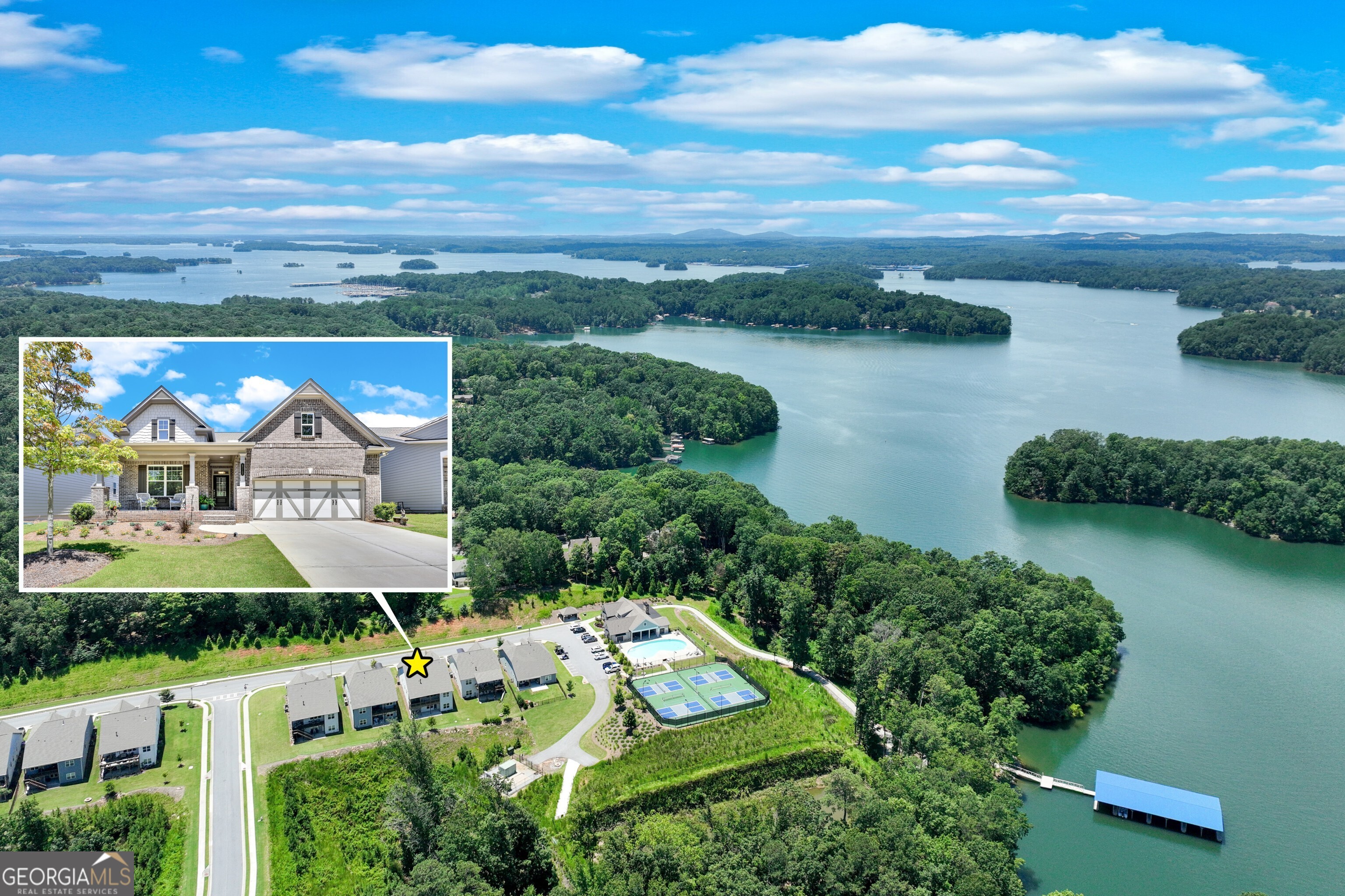 Maintenance-Free Living in the Gated 55+ Community of Stephens Point on Lake Lanier. Welcome to this beautifully upgraded 3-bedroom, 2-bath Brunswick floor plan with an unfinished basement, offering endless potential to customize and double your living space! This home is the 3rd one closest to the amenities: 14 Slip Community dock, clubhouse, Pool and Pickleball courts! Backing up to a peaceful wooded setting with seasonal lake views, this move-in ready home is filled with natural light , upscale finishes, and thoughtful details throughout. At the heart of the home is a gourmet kitchen featuring pristine white cabinetry, granite countertops, a stylish tile backsplash, a walk-in pantry, plenty of natural light from the wall of windows on the back, stainless steel appliances-including a 6 burner gas cooktop-and an impressive 9-foot granite island that's perfect for entertaining, prepping meals, or casual dining. The kitchen opens to the spacious great room with a tray ceiling and cozy gas fireplace with a Samsung Frame TV over the mantle that remains with the home-creating a warm, open-concept space ideal for everyday living and gatherings alike. The breakfast area opens to the screened porch, a perfect spot to sip your morning coffee and enjoy tranquil lake views through the trees. The Sellers have added an Underdeck system to the decking of the screened porch to keep the patio below dry and to prevent insects from entering. Off the main hallway, you'll find a separate formal dining room, perfect for hosting dinners or using as a flexible bonus space. Two additional bedrooms and a beautifully tiled guest bath provide comfort and privacy for guests. A charming beadboard-accented mudroom offers both character and practical storage. The primary suite is a true retreat, complete with a trey ceiling, a private sitting area, and spa-inspired bath featuring dual granite vanities, a huge tiled walk-in shower, and a generous walk-in closet. A smartly designed walk-through laundry room adds functionality and connects directly to the owner's suite for ultimate convenience. Additional upgrades include luxury vinyl plank flooring, crown molding, a full blinds package, and exclusive builder extras offered only in early construction phases. Located in the premier gated 55+ community of Stephens Point on Lake Lanier, residents enjoy luxury amenities including a lakeside clubhouse, swimming pool, pickleball and tennis courts, billiards, shuffleboard, sidewalks, and a 14-slip community dock accessible by golf cart. Just around the corner, Sunrise Cove Marina offers convenient storage for your boat or jet ski-so you can enjoy the lake life without the hassle. The HOA includes full lawn care, giving you true maintenance-free living, so you can focus on the lifestyle you deserve. Conveniently located minutes from Historic Flowery Branch, Oakwood, Gainesville, and with easy access to I-985 and the North Georgia Mountains, this home offers the best of lake, leisure, and location. Owner is a licensed agent.