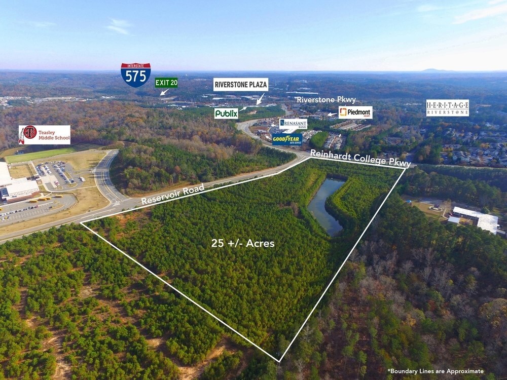 Located within the Riverstone master planned development, this 25+/- Acre tract lies within POD H, a corner property with dual frontage on Reinhardt College Pkwy. and Reservoir Dr. the property is entitled for mixed use development, totaling 149,793 sq. ft. commercial, 149,783 sq. ft. office, and 141,890 sq. ft. residential above commercial or office.  3 Full Access Median Breaks. Wet detention in place. Previously rough graded.  All Utilities.