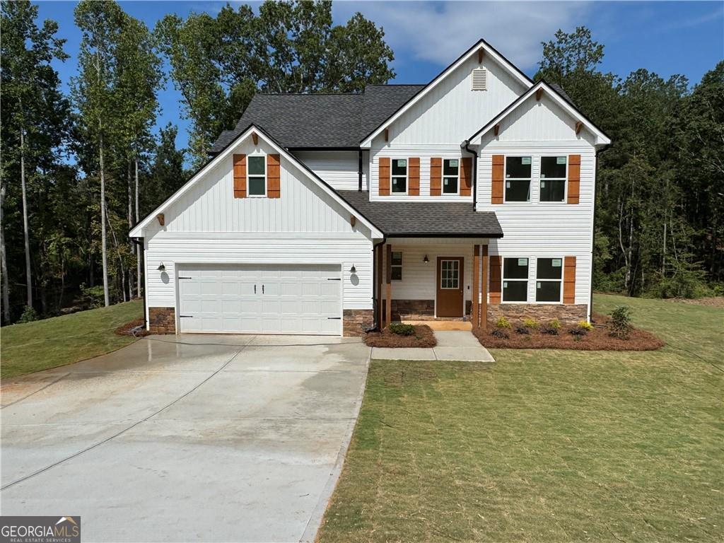 Charming 2-Story Farmhouse on 5 Scenic Acres.Welcome to this stunning 3-bedroom, 2.5-bath farmhouse-style home that blends rustic charm with modern comfort. Nestled on 5 peaceful acres, this beautifully designed residence also features a private dedicated office space, loft area, and an open-concept layout perfect for both everyday living and entertaining. Step inside through a welcoming foyer that leads past a formal dining room, a convenient half bath, and a coat closet, opening into a true chef's kitchen. Enjoy white cabinetry, a large center island, a farmhouse sink, built-in display cabinet and buffet, modern backsplash, and stainless steel appliances-including range, microwave, and dishwasher. The spacious eat-in kitchen overlooks the family room highlighted by an electric fireplace with a marble surround and a tastefully shipped lap accented wall. Luxury vinyl plank (LVP) flooring runs throughout the main level, complemented by beautiful lighting fixtures and access to a back patio with views of your expansive property. Upstairs, the primary suite impresses with a tray ceiling, eye-catching accent wall, and a generous walk-in closet. The en-suite bath offers a double vanity, large soaking tub, tiled accent walk-in shower with bench seating, and ceramic tile floors. Two additional spacious bedrooms share a full bath and offer ample closet space. A versatile loft area and a dedicated laundry room complete the upstairs living space. Additional features include a 2-car garage with automatic opener and a custom-built hall tree for added convenience and style. This is country living at its finest-don't miss your chance to make this dream home your reality! TRACT 1 on Survey. $10,000 builder incentive to go toward closing concessions or off the sales price with preferred lender. USDA Loan with 100% Financing Available