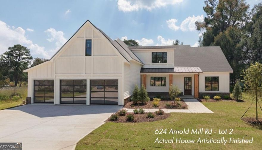 Welcome to this gorgeous new construction home, tucked away on a private 0.92-acre lot in an intimate enclave of just five custom homes-right in the heart of Woodstock. Here, you'll find a perfect blend of curb appeal, thoughtful design, and modern efficiency.  From the welcoming front porch, step inside to an open floor plan that feels both spacious and inviting. The family and dining rooms soar with 12-foot ceilings and are anchored by a custom fireplace with built-ins and floating shelves. A 16-foot sliding glass wall connects the indoors to a large covered porch with its own fireplace-the ideal spot to entertain or simply unwind while looking out over the private, level backyard (pool-ready, if you'd like!).  The main floor makes everyday living easy with three bedrooms, including a primary suite that feels like a spa getaway. The ensuite bath features a zero-entry shower, designer tile, and large walk-in closet. Two additional bedrooms are thoughtfully located on the opposite side of the primary suite, one with a private ensuite bath and the other with easy access to a full bath. You'll also love the large laundry room and practical mudroom and drop zone.  At the heart of the home is the 3-sided kitchen, with an oversized island, quartz countertops, a slide-in range, and plenty of storage. A striking switchback staircase leads upstairs, where you'll find a fourth bedroom with full bath, a versatile loft/TV room, and a spacious finished bonus room-flexible for work, play, or guests.  Built with care, this home includes spray foam insulation in the roofline, a tankless water heater, high-efficiency HVAC, and easy-care vinyl windows. Every detail has been thoughtfully chosen to combine comfort, style, and efficiency. This is Woodstock living at its best.