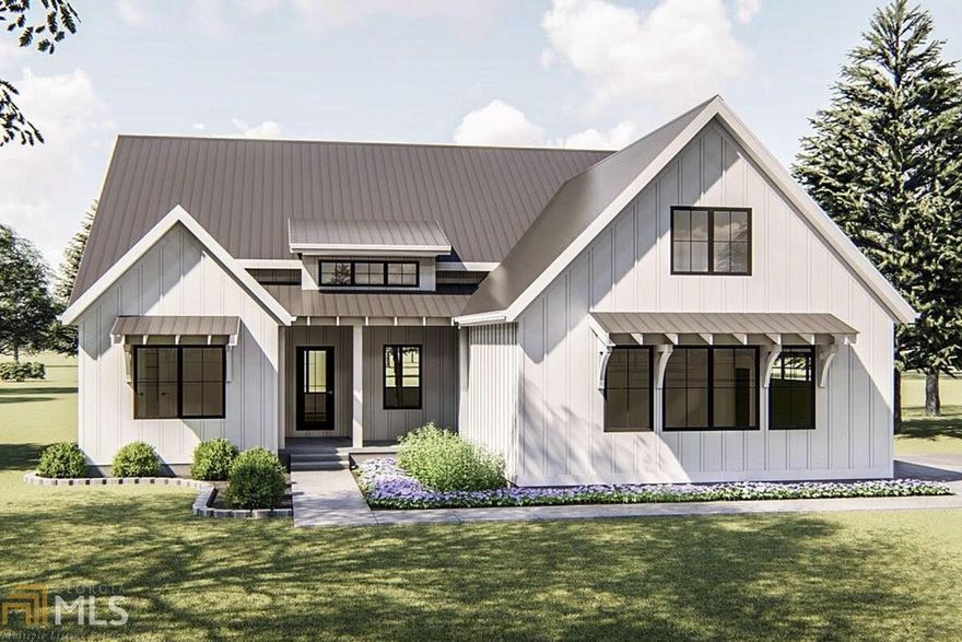 An appealing front porch and board and batten siding gives this 1-story Modern Farmhouse plan great curb appeal. Inside, guests are welcomed by a cathedral ceiling and a fireplace in the open great room/kitchen concept. The L-shaped kitchen features a large island, subway tile backsplash, stone countertops, and stainless steel appliances. The kitchen adjoins the dining area which opens onto a rear patio. A generously-sized master suite has a cathedral ceiling and is tucked away for privacy.  The master bath includes a large tub, shower, water closet and walk-in closet with access to the laundry room. Split bedroom plan with two secondary bedrooms and a full bath. All of this on 2+ beautiful acres! Photos are stock photos of the plan to be built, some finishes may differ.