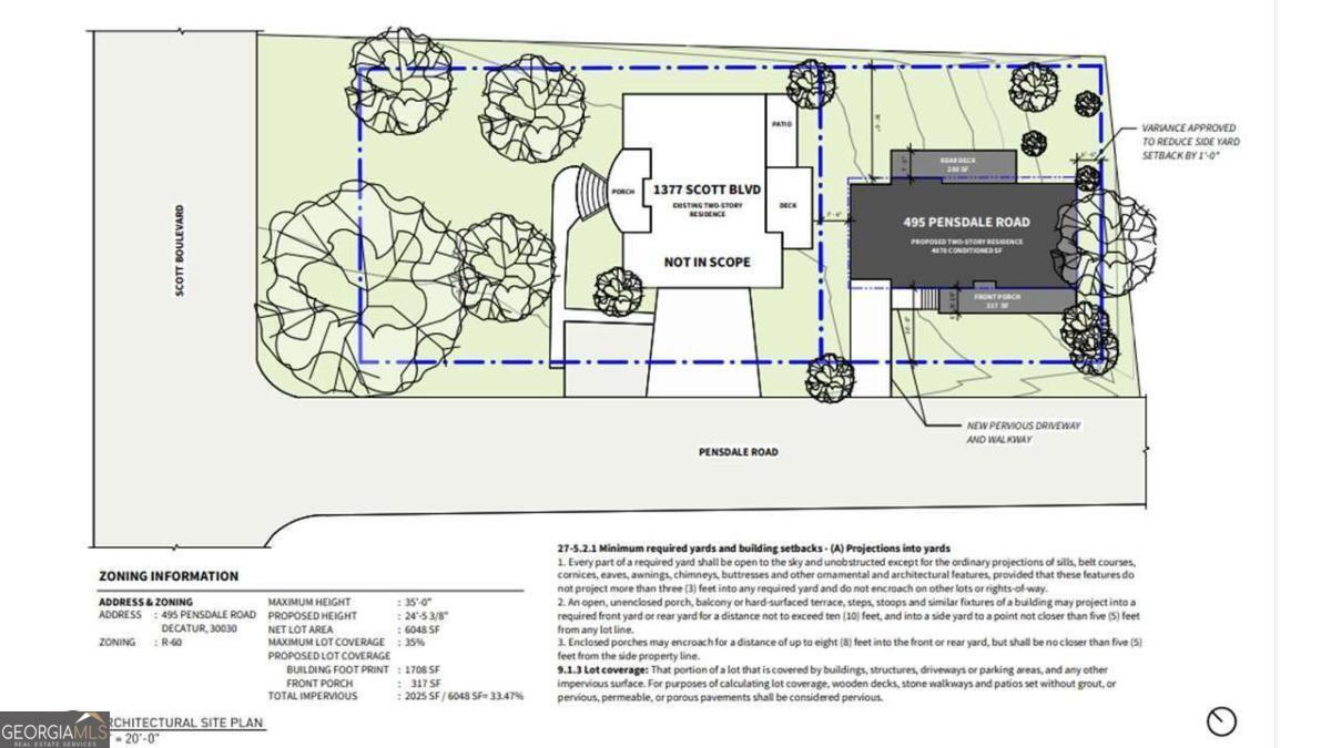 Decatur area home site and lot located in unincorporated DeKalb County at 495 Pensdale Road (R-60 zoning). Desirable neighborhood in the Druid Hills School District and Ridgeland Heights neighborhood. Neighborhood adjoins downtown City of Decatur area with recently constructed and new homes valued above $800,000. Large and well functioning architectural home plans have been completed and permitting reviewed. Site plans are ready to complete and building permit initiated. Bring a builder or purchase site and build a beautiful new home in great Decatur location. Close to Emory University and shopping/dining.