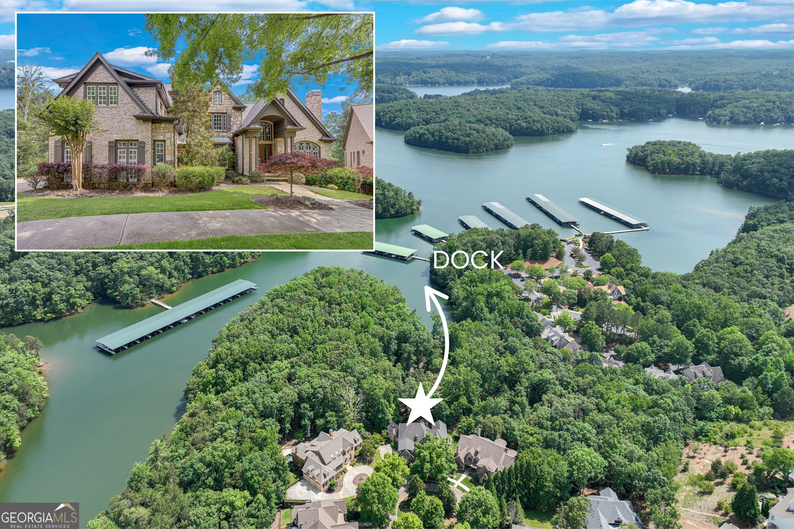 Welcome home to this stunning Lake Lanier estate with a coveted boat slip, year-round views and private lake access. This exquisitely renovated 5-bedroom, 6.3-bath home is perfectly nestled in a private cul-de-sac in the sought-after gated community of Marina Bay. You'll love the year-round lake views, direct access to Lake Lanier, and boat slip, G-6, you can see from your backyard. This home has been meticulously updated, featuring a gourmet kitchen with Quartzite countertops, Sub-Zero fridge, double ovens, gas cooktop, and a spacious keeping room with a stone fireplace and open floor plan. The main-level owner's suite offers vaulted ceilings, a private wet bar, spa-inspired en suite, and dual custom closets. Refined touches include new and refinished hardwoods, fresh light-filled paint, John Richard chandeliers, and remote-controlled blackout blinds. Upstairs includes four bedrooms, three with private en suites and ample storage. The terrace level is made for entertaining: a state-of-the-art theater, theater bar, billiards room, wine cellar, cigar lounge with ventilation, with a bourbon bar and a flex area, perfect for a home gym. Step outside to a covered patio with a built-in grill, fire pit, and 279 feet of lake frontage, perfect for gathering with family and friends or quiet relaxation. Marina Bay offers resort-style amenities including a clubhouse, pool, tennis, fitness center, cobblestone gated entry, playground and community docks. Ideally located near GA 400, Gainesville, shopping, dining, and the North Georgia Mountains. This home is more than a residence, it's a lifestyle. Don't miss it!