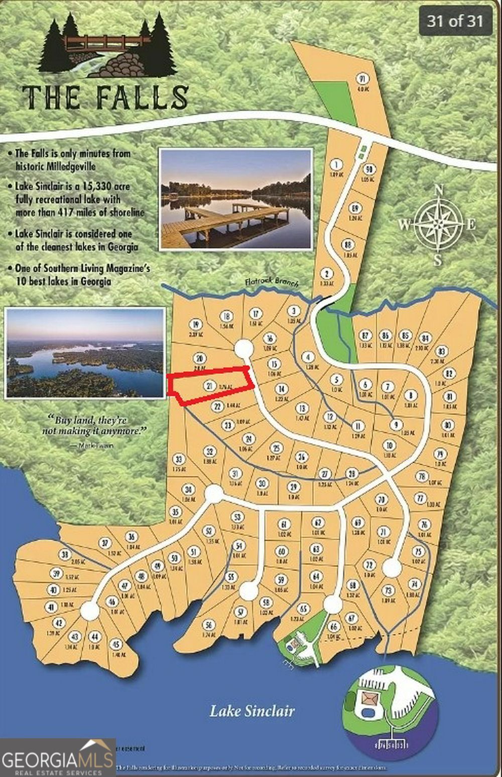 This is most likely the finer interior lot at The Falls, a gated community located on Lake Sinclair in Baldwin County. Lot 21 is situated on Whispering Ridge, off the main drive and near a cul-de-sac, offering peace and privacy. This spacious lot is just under 2 acres with a beautiful view. There is a seasonal creek that runs along the rear border of the lot, with a gorgeous rock formation that makes a wonderful sitting area or spot to explore. The property is on the highest area of the subdivision. There is a soil study on file with the county Health Department. Utilities are all underground and ready for connecting to your custom home. As you drive into the community, you will cross a recently built quaint bridge, near a community fire pit, and enjoy the rolling hills that make this community unique for this area. Community amenities include a pavilion, swimming pool, boat ramp, and putt-putt golf course.
