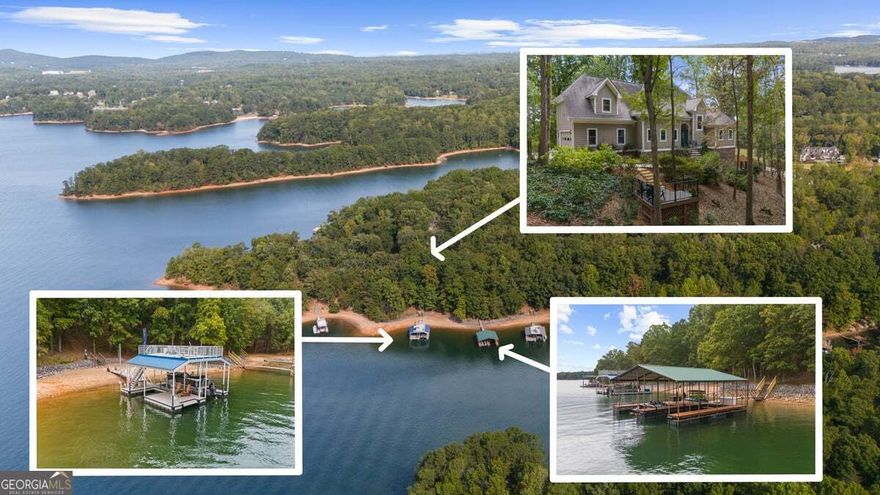 Why settle for one incredible lake property when you can have two? This rare opportunity includes 2 lots and two double-slip docks, on DEEP water, totaling 1.03 acres of prime lakefront living with 362 ft of Corps frontage. A combination that almost never hits the market on Lake Lanier, especially with a beautiful lake view! Whether you keep the extra lot for added privacy, build a guest home or detached garage with apartment suite, the possibilities (and value) are endless. A long driveway leads you to this virtually new three-level luxury lake home, which has undergone a complete, half-million-dollar renovation from top to bottom. This isn't just a refresh, it's a transformation with high-quality upgrades and modern design.  Inside, you'll find a warm, light-filled two-story great room with soaring wood ceilings, an open-concept kitchen and dining area and a brand-new back deck perfect for entertaining family and friends. Mornings are best spent on the screened porch with coffee and a book, and evenings belong to your front yard, sunset deck where you can take in show-stopping sunsets over Sawnee Mountain that paint the lake in gold and rose. The main-level primary suite features year-round lake views and a spa-inspired bathroom with heated floors, a soaking tub, walk-in shower, and backlit LED mirror. Upstairs, you'll find two spacious bedrooms with lake views, a shared Jack-and-Jill bath, and a cozy flex space with skylights perfect for a reading nook, office, or creative escape. The finished terrace level adds even more flexibility with a second living room and fireplace, kitchenette, additional bedroom and bath, home gym, and workshop. Step outside to enjoy peaceful gardens, a fenced area for pets, a large hot tub and an extensive fire pit area. Pick your space of relaxation for every season. An easy, well-lit path leads to your TWO double-slip docks, always in deep water, and a private beach with a rip-rapped shoreline. This prime south-end location, both by land and by water, is one of the most sought-after on Lake Lanier. With the added bonus of a second buildable lot and dock, this is truly a once-in-a-lifetime chance to own a piece of lakefront luxury with limitless potential!