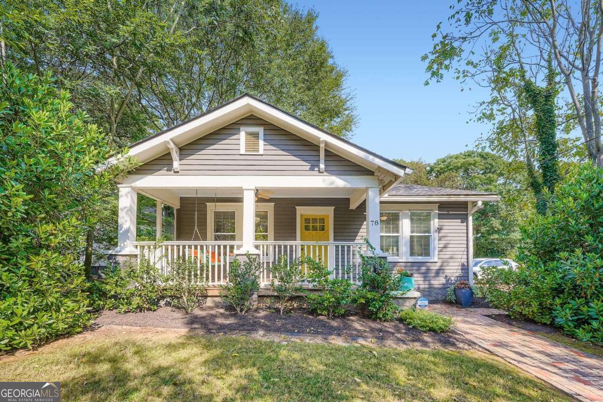 This classic Edgewood bungalow will check all of your boxes: Location, move in ready, open concept, great backyard, loads of natural light, hardwood floors throughout, high ceilings and original finishes. Three generously sized bedrooms and two recently updated bathrooms. The primary suite has vaulted ceilings, custom closets and french doors leading out to the back patio. The front bedroom is ideal for a home office and is outfitted with builtin bookshelves and generous storage. The kitchen has butcher block countertops, a gas range, breakfast bar, and is excellent for entertaining. Much attention and thought has been put into the front and backyard. New pavers and pathways and a redesigned patio deck off the back of the house. The current owner has used her green thumb to create a lush garden oasis. Other updates include and a new roof, fresh paint, new light fixtures and window treatments .There is private gated parking off the back of the house and a large shed for all your weekend projects. If you want walkability, look no further. 78 Whitefoord is steps from El Tesoro, the Trolly line/Beltline and Coan Park. Easy access I-20 and all major highways, Edgewood shopping district, etc.