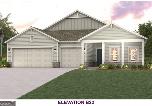 Discover your dream home in the Northshore community. The expansive Everglade floor plan offers the best in modern living with a huge covered porch. An inviting open layout is at the heart of the home, featuring a dining room, a great room, and a well-equipped chef kitchen with a walk-in pantry and a center island. Enjoy a patio right outside! Adjacent, the welcoming primary suite showcases a walk-in closet and a private bath with dual vanities and a walk-in shower. You'll also find three secondary bedrooms, a mud room, and a private study with french doors in this plan. Includes a 3-bay garage and built in fireplace with front porch. Northshore community having estate size lots and has a community outdoor screened clubhouse, boat access with a dock, playground, basketball court, and is very private and secluded along the St Marys River. Colors and Options may vary. Contact onsite sales with questions. This home will be an October/November Completion.
