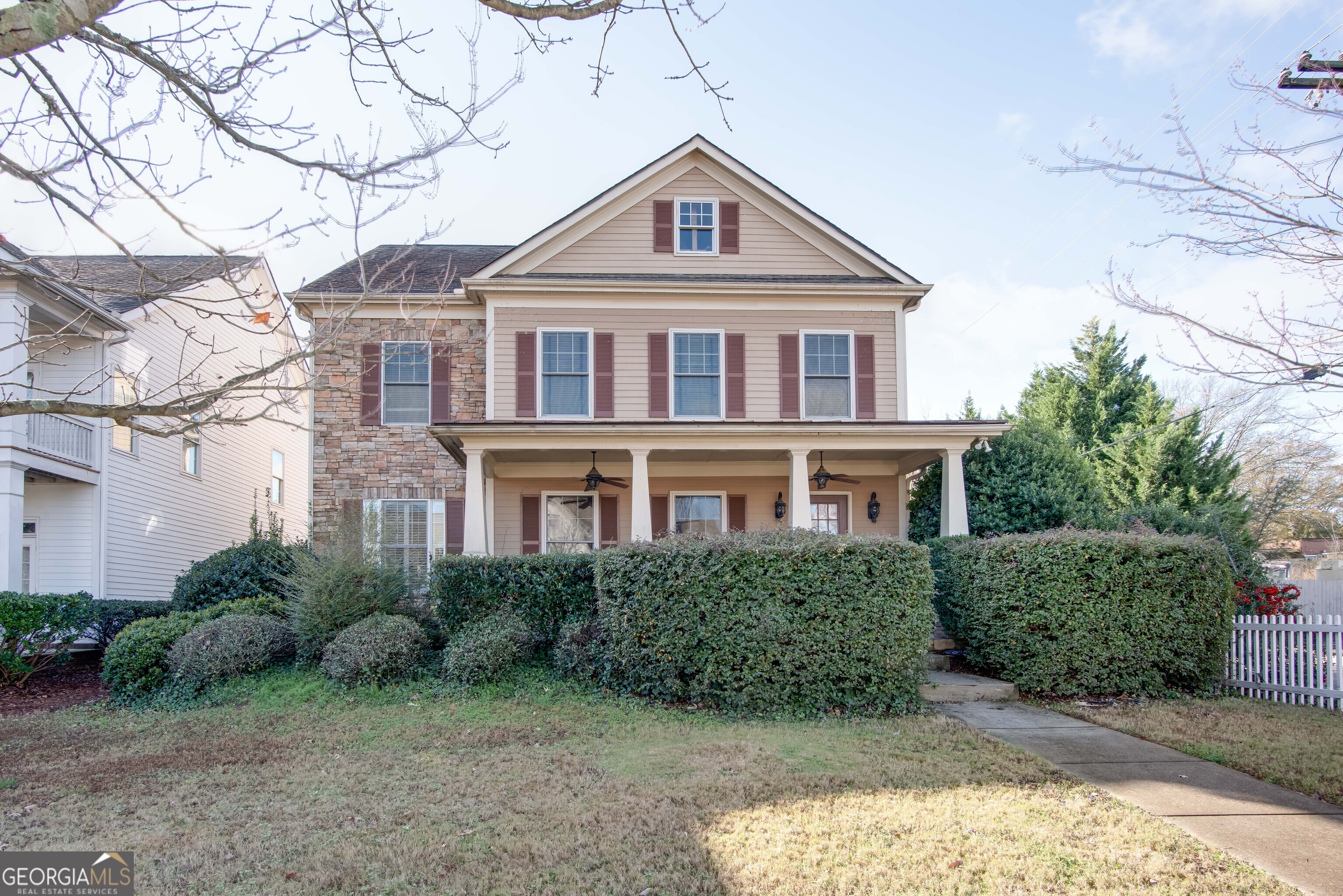 Beautiful Upscale Rental Just Steps from Woodward Academy! This stunning rental home is perfectly situated just a short walk from Woodward Academy's main campus, public transportation and airport. The spacious layout features a large family room with a cozy fireplace, a separate dining room, an office, and a main-level den-ideal for work or relaxation. The expansive eat-in kitchen boasts a huge island, abundant cabinetry, a pantry, and a sunny breakfast area-perfect for both everyday living and entertaining. The oversized primary suite offers a luxurious en-suite bath, while two generous secondary bedrooms share a convenient Jack-and-Jill bathroom. A dedicated upstairs laundry room adds functionality and ease. Enjoy Southern living on the charming covered front porch or relax on the covered back porch. A two-car garage completes this exceptional property.