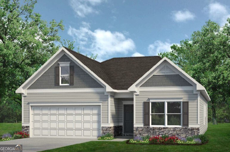 Move in Ready December!! The Bradley plan by Smith Douglas Homes in the Roxeywood Park community situated on a beautiful corner homesite! This fantastic ranch-style floorplan is a great choice for those needing single level living with the spacious feel of nine ft ceiling heights and a shaded covered patio to enjoy your yard. The primary suite with bath has a dual vanity and a large tile shower. The linear fireplace in the family room creates a warm and inviting hub to the home and is open to the kitchen. The kitchen features upgraded light gray cabinetry with 42" upper cabinets for additional storage and granite counters. Upgraded Vinyl plank flooring is throughout the main living area. The laundry room and two secondary bedrooms are separate from the primary suite. Photos representative of plan not of actual home being built. Seller incentives with use of preferred lender.