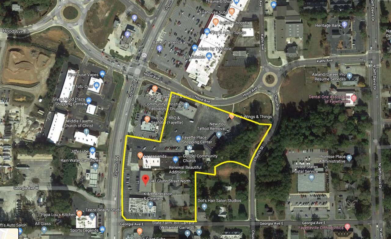 Well established Fayette Place Shopping Center, along with several surrounding properties, is now available as a package sale.  Please see attached documents (or contact agent) for full details.  The shopping center itself consists of four separate buildings with more than 40,000 SF of retail/restaurant/office space on several acres.  Also included are buildings fronting GA Hwy 85 and East Georgia Avenue.  Total square footage of all nine structures is approximately 70,996 with approximately 68,450 SF being finished and heated (the difference being a storage warehouse).  Total land size is approximately 7.52 acres.  This property is located on busy Hwy 85 between Georgia Avenue, Hood Avenue and Church Street and is part of the City of Fayetteville Tax Allocation District (TAD).  Current rents are below market, allowing for increases by the new owner or possible redevelopment that might take advantage of the large amount of road frontage created by the city's recent road realignment project.  Current tenants include La Hacienda (which is being reopened under new management), HJ Wings & Things, CBD Superstore, Huddleston's Florist, Georgia Potato Factory (new & opening soon), K & H Alterations & Cleaners, Hack Shack and Classic Consigner.  Current occupancy is 100%.  Cap rate 7.11%.  Contact agent for more information.  Agent is related to seller of most parcels and is co-owner of one parcel.   Parcels included are:  0530 008,  0530 139,  0530 014,  0530 012,  0530 013 and  0530 039.