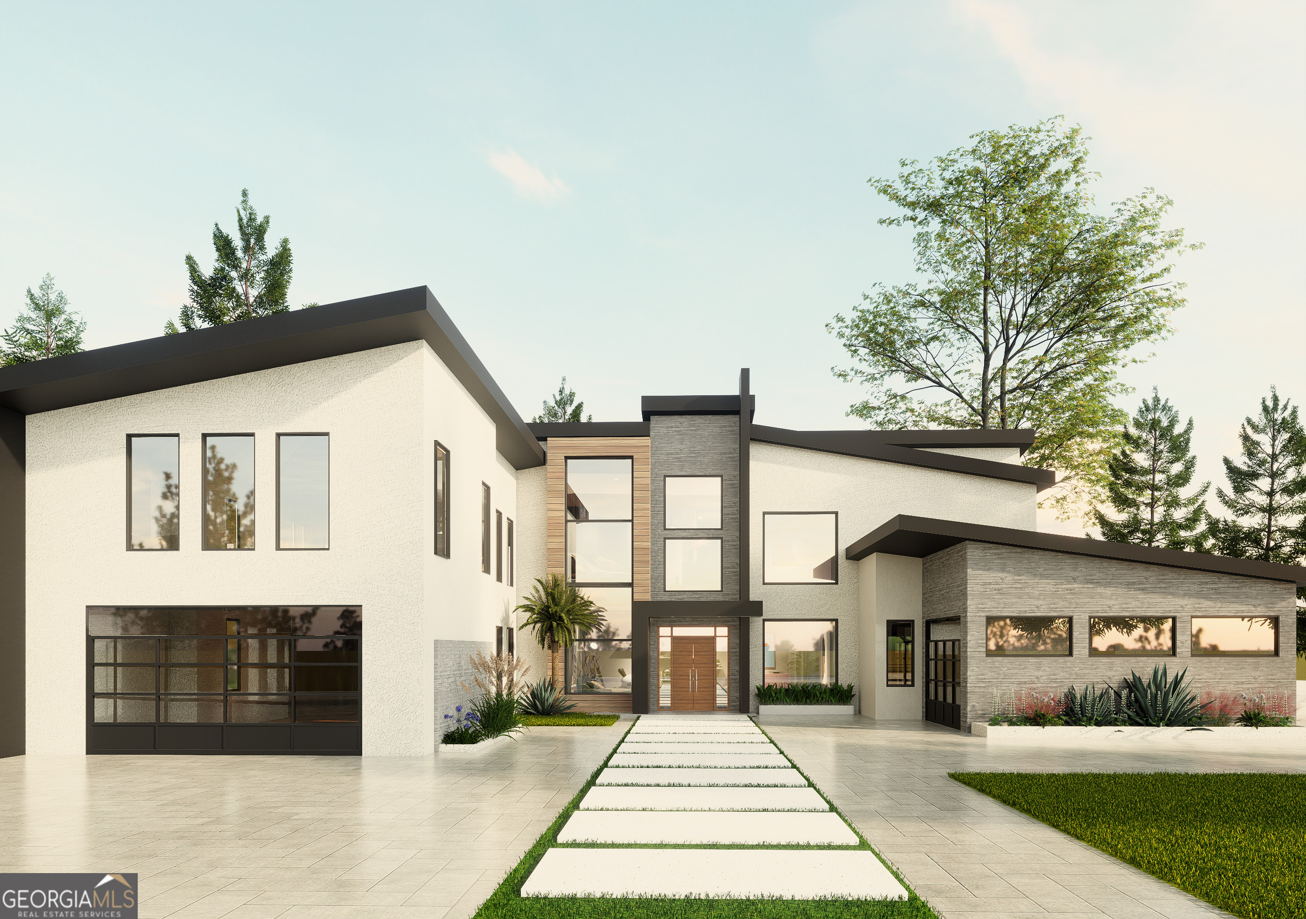 This exquisite luxury modern home on 2 acres blends elegance and functionality. Featuring a two-story living area with floor-to-ceiling windows, it offers stunning views and abundant natural light. The open layout includes a gourmet kitchen with high-end appliances, a sophisticated dining area, and spacious living spaces. The primary suite boasts a spa-like bathroom with a freestanding tub and dual vanities.
