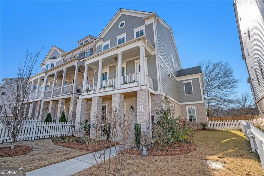 Enhance your lifestyle in this beautiful three-story end-unit townhouse featuring an ELEVATOR by John Wieland at South on Main! A perfect blend of modern design, luxury finishes, and unbeatable amenities awaits. Step inside this luxurious plan designed for contemporary living. The expansive three-car garage opens into a mudroom with bench seating, cubbies, and hooks for effortless organization. A keeping room with extra windows bathes the space in natural light. At the same time, the gourmet kitchen boasts 10-foot ceilings, tall cabinetry, quartz countertops, stainless steel appliances (including a microwave drawer) and a walk-in pantry. The kitchen flows seamlessly into the great room, featuring a gas log fireplace and built-in bookcases. Retreat to the primary suite with its private relaxation nook and an ensuite bath complete with a soaking tub, frameless glass shower, and tile to the ceiling. Upstairs, retreat to the primary suite with its private relaxation nook and an ensuite bath complete with a soaking tub, frameless glass shower, and tile to the ceiling. You will also find a secondary bath, and a laundry room with an extra-deep sink. Outdoor living shines with two front porches and a screened rear deck with Trex decking perfect for grilling. Upgrades include outdoor landscape lighting, landscaping, and plantation shutters. Located less than half a mile from downtown Woodstock, South on Main offers premium amenities, including a 6,000 sq. ft. clubhouse, fitness center, pool, dog parks, community garden, and more. Direct access to the Noonday Creek Trail makes this a dream home for active lifestyles!