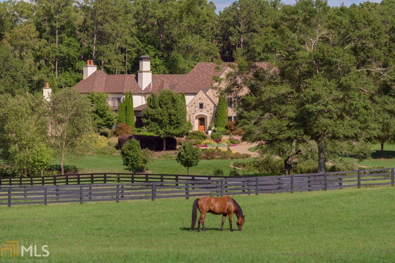 Breath-taking French country manor home on a 46 acre world class equestrian estate. Spectacular home features great stone fire places, old growth walnut floors, and old growth cypress coffered ceilings.  Exquisitely landscaped gardens surround a custom pool and pool house. The equestrian facility boasts a custom fully equipped 12 stall barn, riding arena with viewing deck. An historic 1867 farm house serves as the caretaker's home. 15 minutes to The Marietta Square, 20 minutes to the Battery Atlanta, and 45 minutes to Hartsfield-Jackson International Airport.