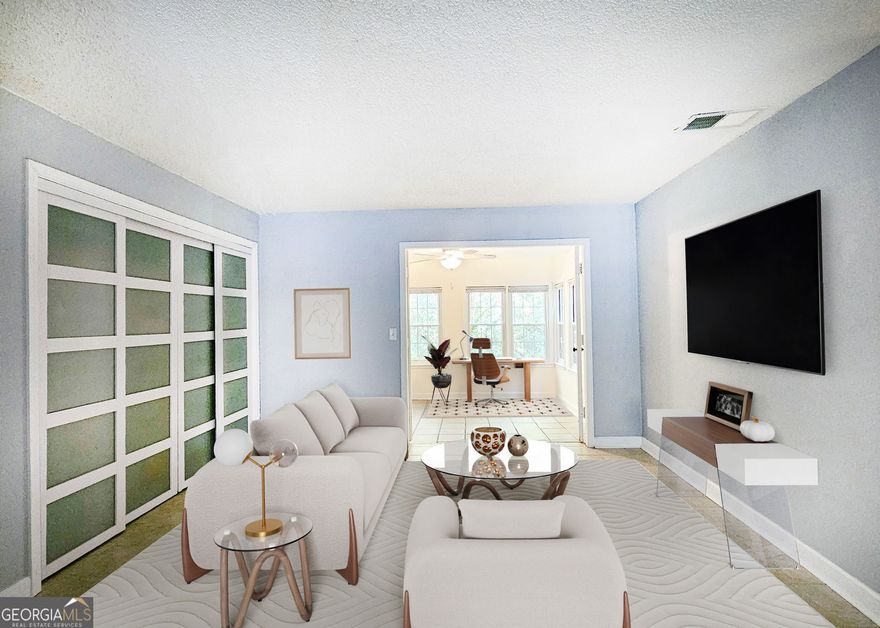 MUST SEE!  This spacious one bedroom has MANY RECENT UPDATES.  Live in Cross Creek's unique and sought after gated community with unsurpassed amenities.  Cross Creek is on 122 acres of mature greenspace and in the heart of Atlanta.  It's tucked away in the luxury Buckhead community.  You'll have everything at your fingertips.  This cheery and private lower level has only a few steps to enter, has a great open plan, and no carpet-LVP or tile flooring throughout.  ENJOY NEW ENERGY EFFICIENT WINDOWS, replaced electrical panel, replaced HVAC, hot water heater 1 year old, and new roof.  The condo flows beautifully with a large family room which has a huge recently added wall of closets with lovely decorative wainscoting sliding doors.  This storage area is a rare find.  From the family room's French doors there's a wonderful sunroom/bonus room-you choose-den/office, etc.  The sunroom overlooks a peaceful wooded area.  There's a generous formal dining room and galley kitchen with wood cabinets and replaced appliances.  The large bedroom with ceiling fan has nice windows overlooking a wooded area and a huge walkthrough closet.  The tiled bath is a lovely "TOTAL RENOVATION" with separate vanity area.  Enjoy NEW:  white wood cabinetry/sink/faucet/lighting/medicine cabinet/low flow toilet/and huge tiled walk-in shower.  There's an added barn style sliding door in the hall.  Washer/Dryer remain.  A NEST thermostat has been added along with new door lock with code entry access.  De Arc Place is a desirable street in Cross Creek and near all amenities.  CROSS CREEK'S UNSURPASSED AMENITIES INCLUDE: 24/7 staffed gate, 18 hole par 3 golf course, 3 pools (main pool has a lifeguard in summer and 2 saltwater satellite pools), 3 clubhouses (main clubhouse and 2 renovated satellite clubhouses), restaurant/bar with desirable outside seating, pickleball, tennis, pro-shop with recreation manager, management office, gym, lake, parks, guest suite for resident guests, and EV charging stations throughout the community,  CROSS CREEK is a "Certified Wildlife Habitat by the National Wildlife Federation."  THIS COMMUNITY IS TRULY A "HIDDEN JEWEL" in Atlanta.