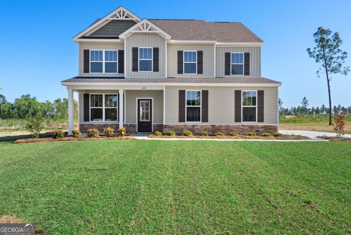 Move-In Ready! The two-story Brinkly Plan features 2,112 sq. ft. of living space on a spacious 0.52-acre lot. This home offers 4 bedrooms, 2.5 bathrooms, a loft upstairs, and an office/study with glass French doors on the main floor. The owner's suite includes dual vanities with granite countertops, a separate shower, garden tub with tile surround, framed mirrors, oil-rubbed bronze fixtures, and a walk-in closet. The main level highlights an open-concept design with a large family room, dining area, and a kitchen with white cabinetry, granite countertops, stainless steel Whirlpool appliances, breakfast bar with pendant lighting, and walk-in pantry. Laundry room and half bath are located just off the kitchen. Additional features include LVT flooring in all main living areas, 9' ceilings on both levels, covered back porch for outdoor enjoyment, 2-car side-entry garage with auto-opener, fully sodded and irrigated front and side yards, plus a Builder's Warranty. Builder is offering $15,000 towards closing costs and/or upgrades with approved lender.