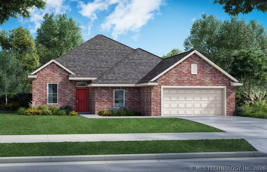 Brick facade residence featuring a prominent red e