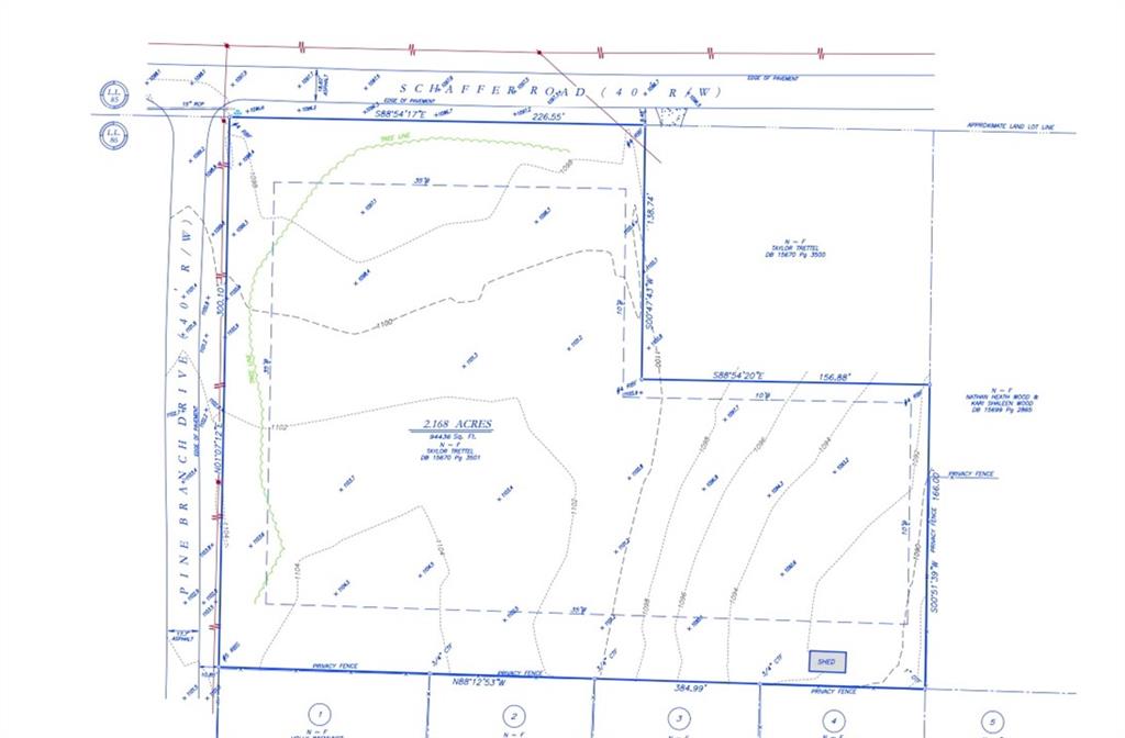 2.17 acres in Cobb, Residential Lot, Zoned R-20, Level, Wooded, Corner lot with 300' fronting on Pine Branch and 226' fronting on Schaffer Rd. Unincorporated Cobb, minutes from Smyrna. Build 4-5 homes as-is, or subdivide rezone for more density. Survey Available.
