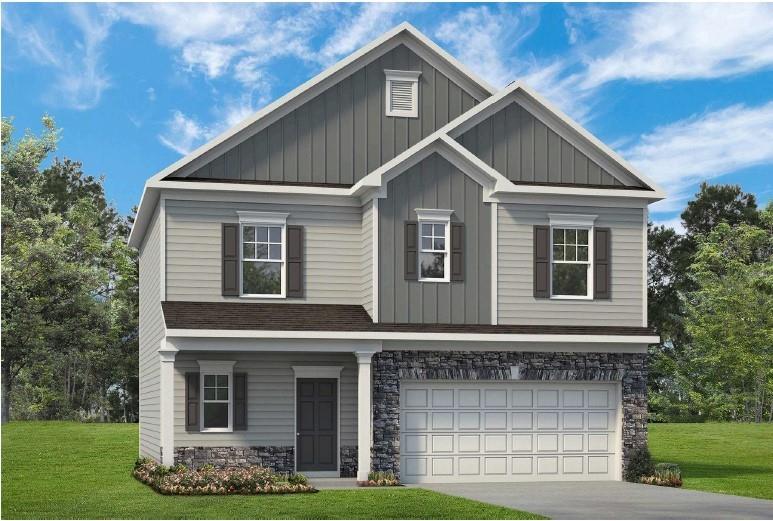 Move in Ready November! The Benson II plan in The Stiles community built by Smith Douglas Homes. This home welcomes you with a wide, light-filled foyer with a coat closet AND a second deep storage cloeet that opens into a spacious, connected living-dining-kitchen layout spanning the entire width of the home. The well-designed kitchen offers maximum efficiency with ample countertop workspace, a center island with sink, pantry, gas range, upgraded white cabinets and granite counters, plus additional windows that flood the space with natural light. The open family room features a cozy gas fireplace creating a warm yet stylish focal point. Convenient powder room completes the main level. Iron staircase leads upstairs to the primary suite that includes a large walk-in closet and a spa-like bath with a large tile shower. Two secondary bedrooms, a full bath, a conveniently located laundry room, and a versatile loft with storage complete the second floor. Enjoy outdoor living on the covered back patio with an uncovered extension, perfect for year round entertaining. LOW HOA fee with amenities including a SWIMMING POOL and playground. Seller incentive with use of preferred lender. Pictures representative of plan being built not of actual home.