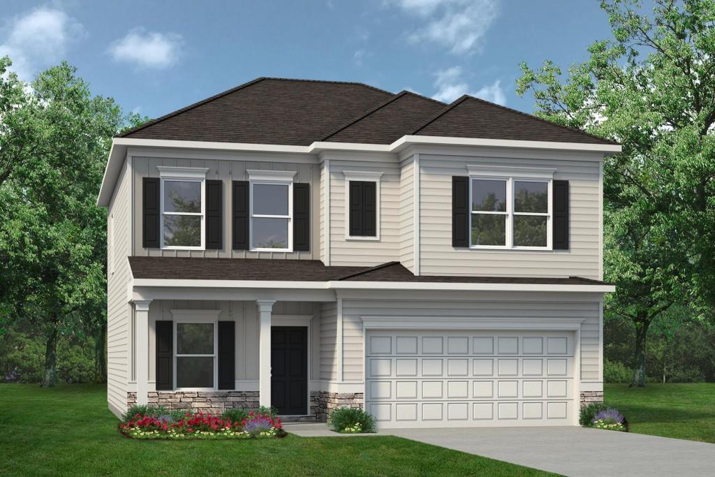Move in October 2025! The Coleman plan by Smith Douglas Homes in Roxeywood Park. The Coleman greets you with a covered front porch entry that opens to a lovely foyer with a spacious dining room. Expansive sight lines across the back of the home connect the family room with a linear fireplace, breakfast nook, and kitchen with a center island, Quartz counters, tile backsplash and upgraded cabinetry. Vinyl plank flooring throughout the main living area on the first floor add to the spacious feel of the home. Tons of natural light via the additional windows in the family room and upstairs hallway. The staircase feature open rails on the floor. Upstairs you will find four bedrooms including an owner's suite with a large walk-in closet, cultured marble counters in the bath along with a tiled shower. A secondary hall bathroom with compartmentalized space that allows for multiple people to use it at the same time, and a convenient laundry room complete the second story. Seller incentives with use of preferred lender. Photos represent plan.
