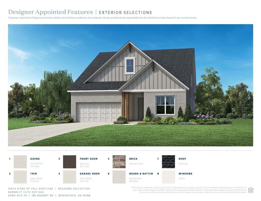 Introducing the *Barnsley Elite Cottage*—our top-selling ranch home, and it’s easy to see why! This beautiful design offers a spacious layout with 10-foot ceilings, 8-foot doors, and an abundance of windows that flood the home with natural light. The upstairs bonus space features a 4th bedroom and bath, perfect for guests or a growing family.
The kitchen is a chef's dream with stainless steel KitchenAid appliances, a massive 10-foot island, and an open view to the great room—ideal for entertaining. The thoughtful color palette selected by our design team highlights the home’s natural beauty, creating a warm and inviting atmosphere throughout.
Enjoy the small details that make this home special, including an oversized covered back porch, an irrigation system, and lawncare included in the HOA dues. The community of Vista Ridge offers fantastic amenities, including a pool, clubhouse, outdoor lounge area, playground, nature trail, and pickleball courts. With streetlights and sidewalks, it's easy to enjoy walks through this charming neighborhood.
Located just minutes from downtown Woodstock and the Crabapple area, you'll love the convenience and proximity to local attractions. Plus, we offer closing cost assistance with our preferred lender.
This home is currently under construction with framing now complete, and we expect it to be ready for move-in by early spring. Come tour our model home and see for yourself why the *Barnsley Elite Cottage* is the perfect place to live, love, and gather.