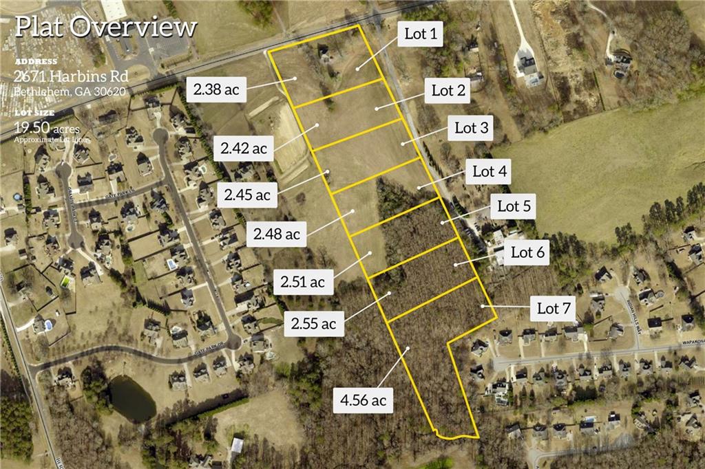 Outstanding Builder & Developer Opportunity in Gwinnett County! Situated along scenic Harbins Road, this 19.5-acre property offers seven expansive, fully platted estate lots ranging from 2.387 to 4.568 acres. The land features beautiful, gently sloping topography—perfect for custom homes. Located just minutes from Hwy 316 in a rapidly growing area, this site is surrounded by luxury homes priced between $1.4M and $1.8M on nearby Indian Shoals Road. A new middle school is coming soon, adding even more value to this in-demand corridor. Buyer will be responsible for installing the shared driveway, connecting utilities (water, electricity, septic), and removing the existing house currently on the property. A rare chance to build in one of the most sought-after growth areas in Gwinnett County!