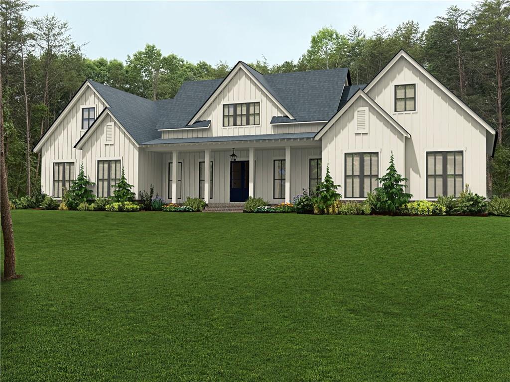 Welcome to an extraordinary new construction estate offering over 6,000 square feet of elevated living, nestled on five serene acres in the highly acclaimed Cherokee County School district. Designed for discerning buyers, this luxury home perfectly blends timeless design with modern conveniences. From the moment you arrive, you're greeted by stunning curb appeal featuring elegant gas lanterns, a natural stone rocking chair front porch, and a three-car garage. Step through the front door into a grand two-story vaulted foyer that immediately sets the tone for the home's elegance, then transitions seamlessly into the expansive open living space with soaring 10-foot ceilings, wide-plank hardwoods, and designer finishes throughout. At the heart of the home, a chef's dream kitchen awaits--complete with top-of-the-line Wolf Gas Range, 42" Sub-Zero French Door Refrigerator, custom cabinetry, Kettle Faucet, Wolf Speed Oven and a Wolf Single Oven below. The stunning 10-foot kitchen island serves as the centerpiece of the culinary space, offering generous seating with an extended overhang perfect for casual dining or entertaining. Thoughtfully designed with functionality in mind, it features additional built-in storage on both ends-ideal for keeping serving pieces, cookbooks, or entertaining essentials neatly tucked away yet easily accessible. Just steps away, you will find a large walk-in pantry with custom built-ins and a "Costco" door for easy grocery unloading. A large laundry room with a farmhouse sink and more storage completes this space that makes daily living effortless. Retreat to the luxurious owner's suite with private deck access, hardwood flooring, and a spa-inspired bath with granite double vanities, a free-standing soaking tub, and a generous shower with multiple heads. The custom walk-in closet is a showstopper--offering custom built-ins and enough room to add a center island. Three secondary en suite bedrooms offer walk-in closets, custom shelving, and hardwoods throughout. Upstairs, a private fifth bedroom suite or bonus room provides flexible space for guests, a teen suite, or in-law suite. Entertain with ease from your covered and uncovered back porch, or imagine your dream backyard oasis--perfect for a future sparkling pool, spa-like hot tub, and patio living. With over 2400 square feet of unfinished space in the terrace level, there's room to personalize with a wine cellar, media room, gym, or guest suite. With access to top-tier schools and the peace of five private acres, this is refined country living-just minutes from shopping, dining and outdoor recreation.