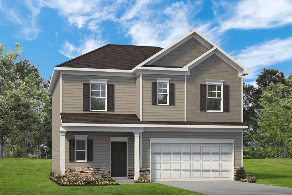 Move in Ready October 2025! The Benson II plan in Hawks View by Smith Douglas Homes. A lovely wide and light-filled entry welcomes guests and flows into a connected living-dining-kitchen layout that spans the entire width of the home. A sleek and modern linerar fireplace is the focal point of the room. A well designed kitchen with 42' upper cabinets and granite counters maximizes efficiency with a countertop workspace, a center island with a sink, a pantry and an optional planning desk. Vinyl plank flooring throughout the main floor, nine ft ceiling heights along with additional windows in the family room,and kitchen ensure a light and airy home. The patio offers space for outdoor enjoyment. Upstairs, you will find the owners ensuite with a generous closet, four additional bedrooms for family, guests or office space. A convenient laundry room and shared full bath complete this level. Seller incentives with use of preferred lender. Photos represent plan not actual home being built.