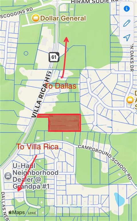 5.49 Acres located on Highway 61 South/ Villa Rica Highway located between Hiram Sudie/ Scoggins Road and Dallas Nebo Road.
Suitable for building multiple homes.