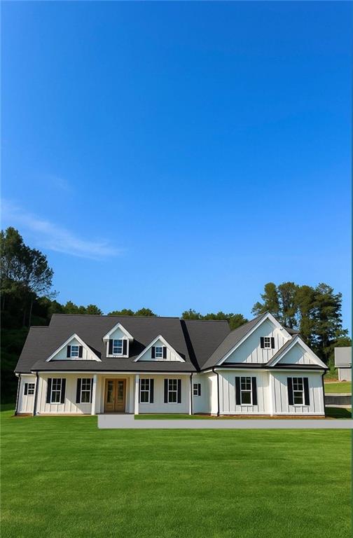 Welcome Home! This stunning new construction offers 4 bedrooms, 3.5 baths, and a huge upstairs bonus room with endless possibilities. From the moment you arrive, the rocking chair front porch, double front doors, and craftsman style board and batten exterior set the tone for this gracious home. Inside, you will find a formal dining room, an open concept vaulted living room, and a chef's kitchen with quartz countertops and a sunny breakfast area. The soaring ceilings and abundant natural light create a bright and inviting atmosphere throughout. The owner's suite is a true retreat with high vaulted ceilings, a spa-like en suite bath, and an expansive walk-in closet with custom wood shelving. A second mini-suite on the opposite side of the home provides a private haven for guests or multi-generational living. Upstairs, two large bedrooms share a convenient Jack and Jill bath along with a spacious bonus room that could serve as a fifth bedroom, recreation room, schoolroom, or media space. Additional highlights include a two-car garage, a dedicated laundry room, abundant storage, and a level lot with plenty of room to design your ideal outdoor entertainment space. This home blends thoughtful design, functional living, and timeless style.