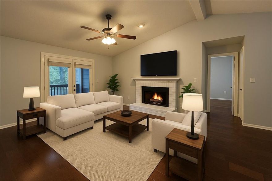 Amazing opportunity for investors or homeowners to live in one of the best locations in Roswell. This beautiful condo offers the opportunity to live in the heart of Historic Roswell, just minutes to dining, shops, parks, Roswell Riverwalk trail system, Chattahoochee River, festivals like Alive in Roswell, the nightlife on Canton Street (downtown Roswell) and don't miss the NEW Roswell Junction Food Hall just a short walk away with dining, live music and outdoor patio. Great room with Cathedral Ceiling features wood floors throughout entire living area. Kitchen has black appliances, tile floors, laminate counters and timeless oak cabinetry. There is a large laundry room off the kitchen with lots of shelving and can be utilized as a walk-in pantry. The 2 spacious bedrooms are perfect for roommates, both with walk-in closets, private bathrooms and split on either side of the condo offering privacy. Enjoy peaceful evenings on the  covered deck with fantastic views of the pool. Enjoy the use of the community saltwater pool and gas grill located at end of cul-de-sac on Warm Springs.  Roof 5 yrs. HOA fees cover roofs, termite coverage, water/sewer, trash/recycling. Come enjoy the low maintenance lifestyle this condo has to offer!