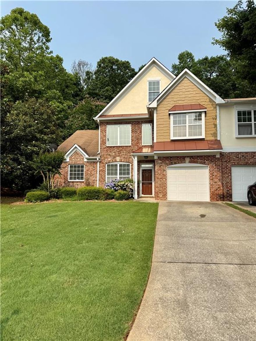 Rare to find end unit townhome in Alpharetta. Thought after school district.  Two story ceiling in Family room, provides tons of natural light.  Master on main level.  Upstairs feature loft area and two secondary bedroom. Each bedroom has private bath.   Located in Cul de sec.  HOA maintains the lawn.  Easy access to Hwy 400, surrounded by shops and restaurants.