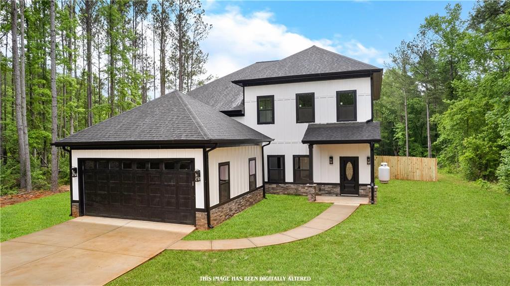 Step into this beautiful almost new stunning home . Boasting 5 bedrooms and 3.5 baths, this residence is thoughtfully designed with the master suite conveniently located on the main level. As you step inside, you're greeted by an inviting open-concept layout, featuring stainless steel appliances, a large island with shaker cabinets, a double oven, hardwood flooring, and a stylish hood vent in the kitchen. The living space is adorned with recessed lighting and a charming chandelier, creating an ambiance of warmth and elegance. A beautiful statement fireplace graces both the living room and the master bedroom, adding a cozy touch to these spaces. The master ensuite is a retreat in itself, complete with a double vanity, a separate soaking tub, an oversized shower, and a spacious walk-in closet. Upstairs presents with an additional Master and en suite, secondary bedroom, and a bonus bedroom with a wet bar serving as an ideal entertainment area, perfect for gatherings and leisurely moments. Outside, an extra-large fenced yard provides ample space for outdoor activities and relaxation, while a covered patio offers a perfect spot for al fresco dining or lounging. Do not worry of the heat, as two ceiling fans are installed on the lanai for your comfort! With its thoughtful design, modern upgrades, and charming details throughout, this new construction home is a perfect blend of functionality and style, promising a lifestyle of comfort and enjoyment for its fortunate residents. Located centrally of Landmark Christian, The Heritage School, & Chattahoochee Hills Charter School!