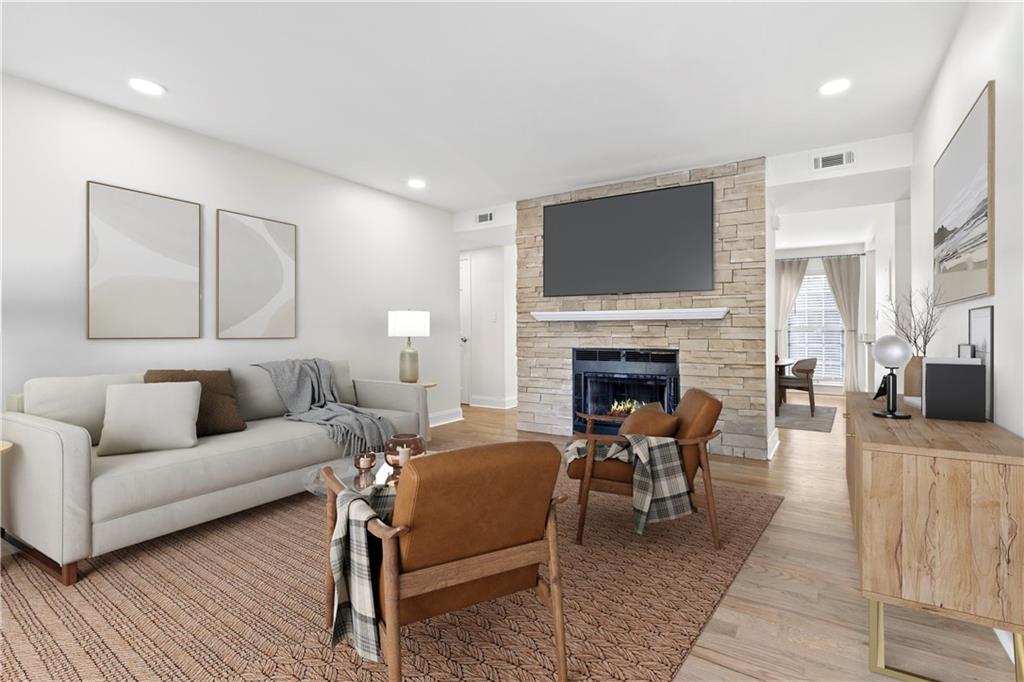 Just minutes from Marietta Square, this beautifully renovated 2-bedroom, 2-bath condo offers comfort, style, and convenience in a gated community with a pool and dedicated parking. Featuring brand-new luxury vinyl plank flooring, fresh paint, granite countertops, white shaker-style cabinets, and all-new appliances, the home combines modern upgrades with thoughtful design. The split roommate floor plan ensures privacy, with each spacious bedroom offering its own bathroom and walk-in closet, while the cozy living room with fireplace flows into a dedicated dining area and bright sunroom filled with natural light. Situated on the second floor with no neighbors above, this move-in ready condo provides peace and quiet while still being close to shopping, dining, and parks. Don’t miss your chance to own this updated home in a prime Marietta location—schedule your showing today!