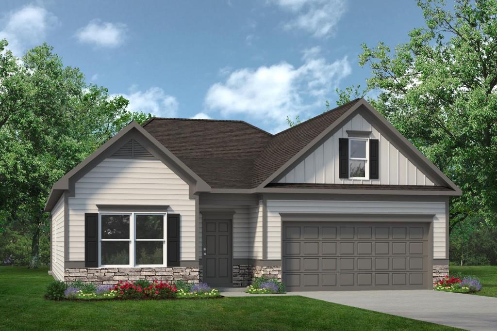 Move in Ready October! The Langford plan in Laurel Ridge by Smith Douglas Homes. This flexible single-level living floorplan offers a light-filled dining area with views of the backyard and access to a covered patio from the main living area. An adjacent open island kitchen which features upgraded cabinetry, a tile backsplash and granite counters overlooks the spacious family room with a modern linear fireplace. The primary suite, at the back of the home, feels private with its spa like bath with a garden tub, separate shower and walk-in closet. A covered back patio can be accessed through the family room. The two secondary bedrooms and shared full bath are off the main foyer at the front of the home. A conveniently located laundry room enhances everyday living. The nine ft ceiling height enhances the space as does the Vinyl plank flooring throughout the main living areas. Photos are representative of plan not of actual home being built. Seller incentives with the use of preferred lender.