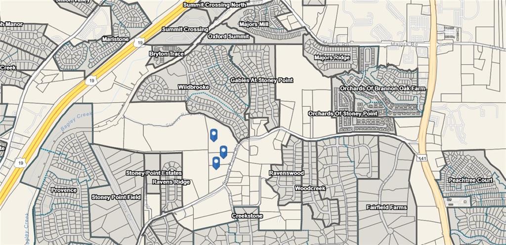 A rare property opportunity in family-oriented Forsyth County! 3 contiguous parcels (total of 19.26 acres) with potential for R3 zoning. Convenient to GA 400 between Exits 13 (McFarland Rd) and 14 (Hwy 141). Potential for 30 residential homes. Surrounded by a family-oriented community in Cumming, GA.
All parcels have frontage to Stony Point Rd. Ideal for experienced developer who has completed projects in Forsyth County. Please contact Forsyth County for specific zoning questions.