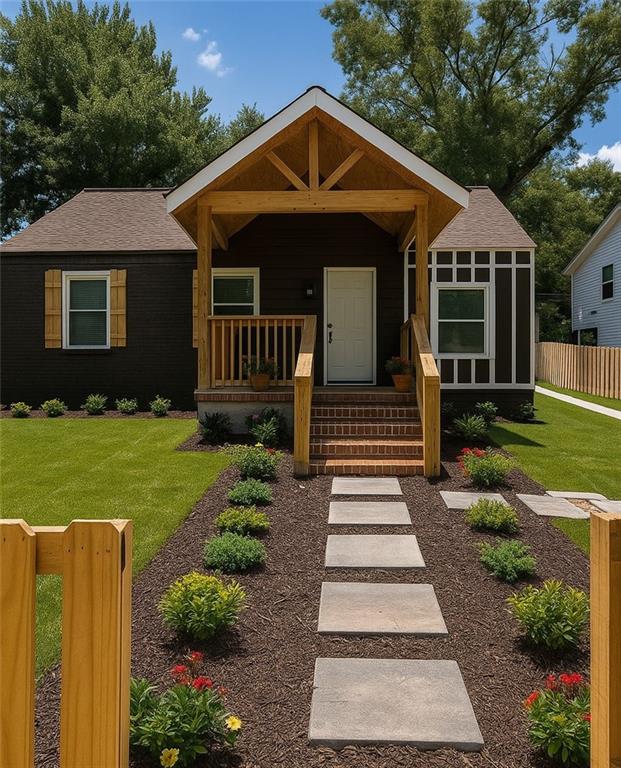 Discover this fantastic value in the heart of Lakewood, offering quick access to major freeways, downtown Atlanta, parks, and the Atlanta Beltline. A welcoming rocking-chair front porch sets the tone, leading you into an open-concept layout with a spacious living room and a separate dining area. High ceilings and abundant natural light create the perfect atmosphere for entertaining family and friends. The oversized primary suite is a true retreat, featuring dual granite vanities with elegant gold fixtures, a walk-in shower with custom tile and double shower heads, and a large walk-in closet designed to fit your wardrobe with ease. Two additional guest bedrooms share a beautifully updated bath with marble tile and a European-style tub/shower combination. Recent updates include new LVP flooring, fresh interior paint, a new roof, new windows, and a new water heater—providing peace of mind and a solid foundation. The home does require some finishing touches: the kitchen needs additional cabinets, counters, and appliances, while the bathroom will need final completion. With nearby homes demonstrating strong values, this property presents a unique opportunity to build instant equity with a little TLC. It’s an ideal candidate for a small renovation loan (not eligible for FHA or VA), allowing you to personalize and complete the home to your style. Don’t miss out on this incredible investment and lifestyle opportunity! Note: Photos have been virtually staged and enhanced with AI.