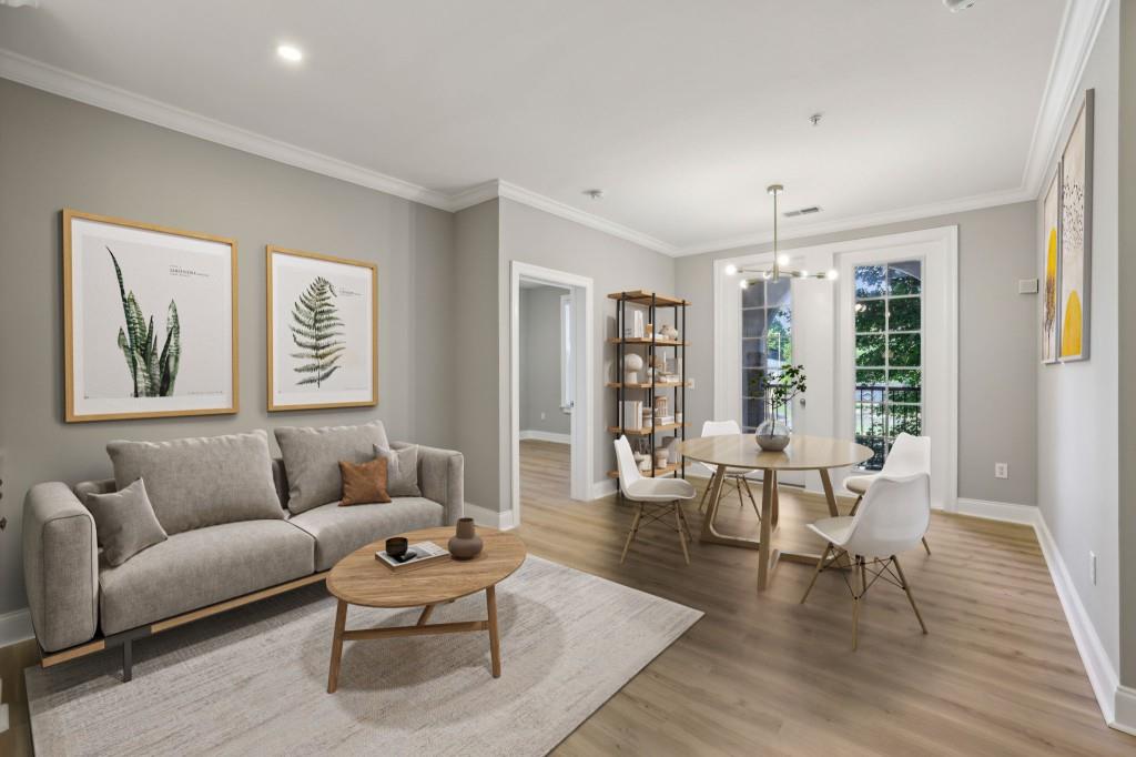 Serene Living in Sandy Springs! Located in the Sought-After Serrano Community, this stunning Condo offers a Prime Location, a Flowing Floorplan, and amazing Community Amenities. Step inside to discover a stylish Kitchen with Stainless Steel Appliances, Stained Cabinetry, and a large Breakfast Bar. Hardwood Floors lead through the Dining Space into the light-filled Family Room that offers access to the spacious Private Balcony, a perfect spot for relaxing and unwinding. Retreat to the Owner's Suite where you'll find a Large Walk-In Closet and a Private Ensuite Bathroom with Dual Vanities, a Soaking Tub, and a Separate Shower. A Spacious Second Bedroom also enjoys a Large Walk-In Closet and access to a Hall Bathroom. Beyond this beautiful condo, Upscale Community Amenities await you including Full Time Concierge, A Pool with Cabanas and an Outdoor Fireplace, a Fitness Room with a Sauna, Club Room, and a Theatre! Situated in an amazing location by the Mercedes Benz Headquarters, the Sandy Springs Tennis Club, a Plethora of Restaurants, Retail, Entertainment, and more with Easy Highway Access!