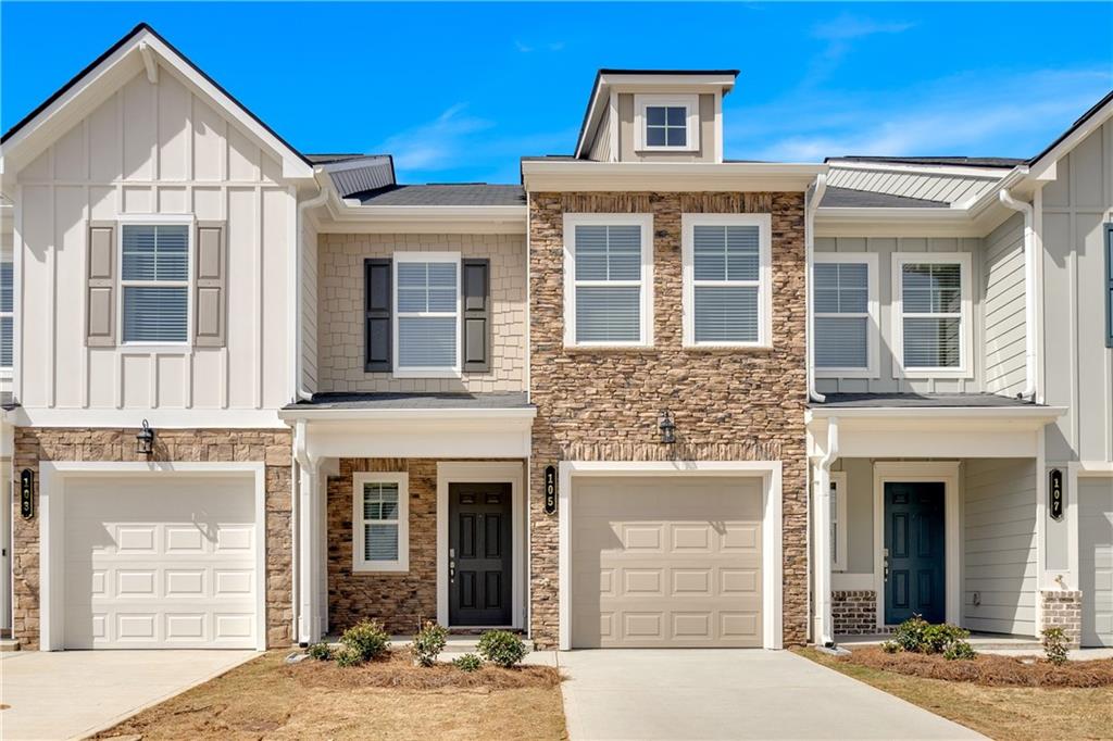 The Crape Myrtle CC Floor Plan by Kerley Family Home. A tranquil, two-street townhome community with private, single-car garages. Each of our townhomes has it's own unique exterior color and choice of brick or stone. This beautiful and spacious Crape Myrtle plan has a beautiful stone accented exterior. Walk inside to Luxury Vinyl Plank flooring on the main floor and an abundance of recessed lighting throughout the home. The Kitchen is gorgeous with its painted boulder cabinetry, a large center island with a 24" overhang and stainless undermount sink, upgraded white ice granite countertops, a separate pantry, gloss white tile backsplash, and a Whirlpool Stainless Steel Appliance Kitchen package including a refrigerator with ice and water. The kitchen is open to the dining and family room with ceiling fan plus a smart tub and outlet for those who want easy TV mounting without the wires, and lots of windows for natural lighting. Full light patio door leads to a large private patio area with 8' privacy partitions and backyard space. A large storage closet and half bath complete the main floor. Upstairs you will find a spacious Primary Suite with ensuite bath with tile flooring and walk-in closet. 2 additional bedrooms, a secondary bathroom with a raised double vanity with cultured marble tops. Care-free living townhome living, HOA covers your lawncare, exterior maintenance and more! Close to schools, Manning Mill Park, and I-75, it's the idea location for peace and quiet while still being close to great shopping in Calhoun and Cartersville and close to many major employers! We include with each home a Builder's Warranty and the installation of the in-wall Pestban system. Choose your path to savings that are too good to pass up. Reach out to a member of our team for details and take advantage of our Save Your Way promotion and receive up to $5000 to use towards Closing Costs, Design Options and/or Rate Buydown, PLUS until 7/31/25 this home qualifies for an additional $7,000 for a total of $12,000 in builder incentives. Preferred lender must be used for promotion. Photos may be of a similar home or model and are for illustrative purposes only. Feature and finishes may vary.