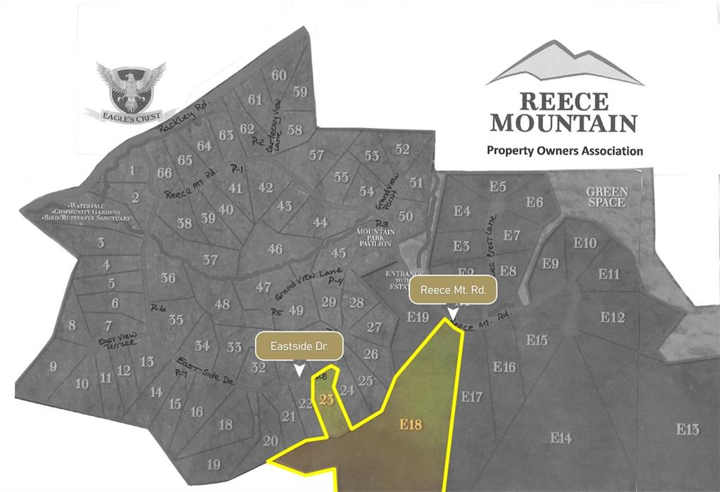 Beautiful Eagle's Crest at Reece Mountain developed lot and adjacent large acreage tract priced to sell FAST! The opportunity of a lifetime to build your dream home and enjoy playing on over 20 acres! Where can you buy beautiful 28.54 acres for $120,000? The owners are highly motivated, as evidenced by the price of this assemblage. The unsurveyed assemblage includes Lot E18 on Reece Mountain Rd (26.71 acres) which lies behind the developed lot 23 that is part of this assemblage. Lot 23, on Eastside Dr (1.83 acres). UPDATE: NO SURVEY IS AVAILABLE. See county plat map. See a screenshot from the GIS Browser for a better perspective of how the two parcels join each other. See also the Eagle's Crest at Reece Mountain site map. Gated community in beautiful Gilmer County, with protective covenants, an HOA, playground and more. Access is tightly controlled and must be arranged with listing agent at least 2 hours before showing. Covenants and restrictions are in documents. NO RENTALS. . restriction for rentals is not in current covenants but has been voted and an attorney is preparing an amendment. In phase 1 there are 9 wells, each serving multiple lots/homes to be built. Phase 2 is not part of this well system. All potential buyers must be accompanied by a licensed agent or broker the entire time they are inside the gate. If the listing brokerage agents show the buyer the property first, and the buyer engages their own agent, the buyer brokerage commission is reduced to 2%.