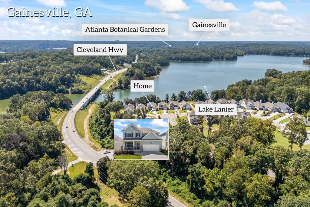 Lake Lanier Living with Deeded Boat Slip! Welcome to the Cottages of Lake Lanier, a charming, Gated community offering a picturesque lakeside lifestyle with a 2-story clubhouse, firepit, walking trails, and a 6+ acre park. This beautiful "Windsor" floorplan home showcases an open layout with a 2-story foyer and a formal dining room with French doors -- perfect as an office or flex space. Elegant coffered and tray ceilings elevate the design, while the chef's kitchen is equipped with a large island, quartz countertops, gas cooktop, 42" white cabinets, and wall-mounted microwave and oven. A laundry room on the main level includes cabinets and a utility sink for convenience. The stone wood-burning fireplace with cedar mantle is the centerpiece of the family room. The primary suite on the main level provides comfort and privacy, while the upstairs features an open loft, a second bedroom with private bath and walk-in closet, and two additional spacious bedrooms with a hall bath. Modern upgrades include smart home technology for security and efficiency. The unfinished basement offers endless opportunities for customization. Enjoy indoor-outdoor living with a screened porch and a newly installed open Deck with steps installed for easy access into the backyard. A new extended Patio and new fencing make it ideal for gatherings. Included is a deeded boat slip and pneumatic boat lift. Best of all, this home provides breathtaking lake and marina views. This is not just a house; it's a tranquil lifestyle on the lake.
