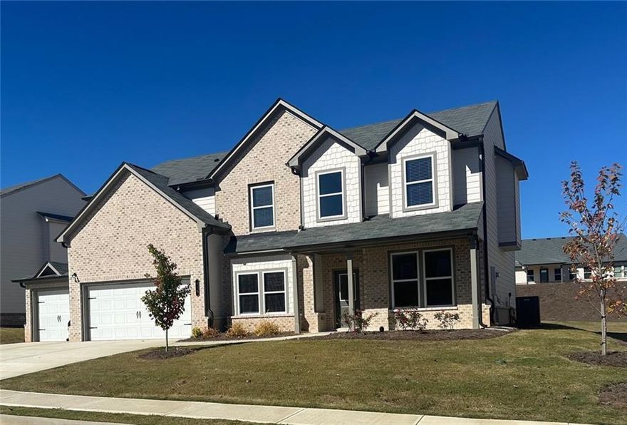 The Cartay Plan Lot 63C: 5BR/3BA 3 CAR GARAGE HOME, PRICE REFLECTS A FREE 3RD CAR GARAGE,THE BUILDER IS ALSO CONTRIBUTING $10,000 TOWARDS CLOSING COST FOR THE NEXT 30 DAYS. with the use of the preferred lender- Arch Capital (Chris Jenkins). Beckett Ranch is a Brand New Community Situated in the Lively and Timeless "SOUTHERN CHARM" Town of Auburn, GA. Beautiful Open Concept Spacious Plan has Room for Entertaining. The Kitchen area including a LARGE ISLAND, WALK IN PANTRY, STANLESS APPLIANCES, GRANITE COUNTERS and WHITE CABINETS and a Lovely View of the LARGE Back Yard. Enter into a Formal Dining Room and Living Room/Office/Playroom. On the Main Level you will also find a Bedroom and Full Bath that will Delight Extended Family or Guests. A Few Highlights Include: Luxury Vinyl Planking Throughout the Main Level Living Areas,. Upstairs You May Like to Have a Movie Night or Watch a Ball Game in the MEDIA ROOM and How About the Convenience of an UPSTAIRS LAUNDRY ROOM! Enter into a Large Main Suite with a Beautiful Spa Bath, Including a DOUBLE VANITY with a Granite Counter Top, Separate Tile SHOWER and TUB, LARGE WALK IN CLOSET.  This MAGNIFICENT Home is (Total Electric) ENERGY EFFICIENT. Some STOCK PHOTOS.
The Property Also Includes a Fully Landscaped and Sodded Yard on All Four Sides and COVERED BACK PORCH.