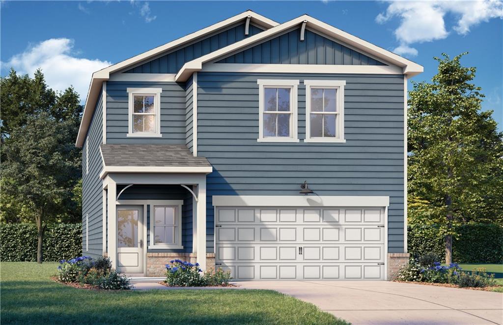 Craftsman inspired home with driveway, a garage, a front lawn, and a shingled roof